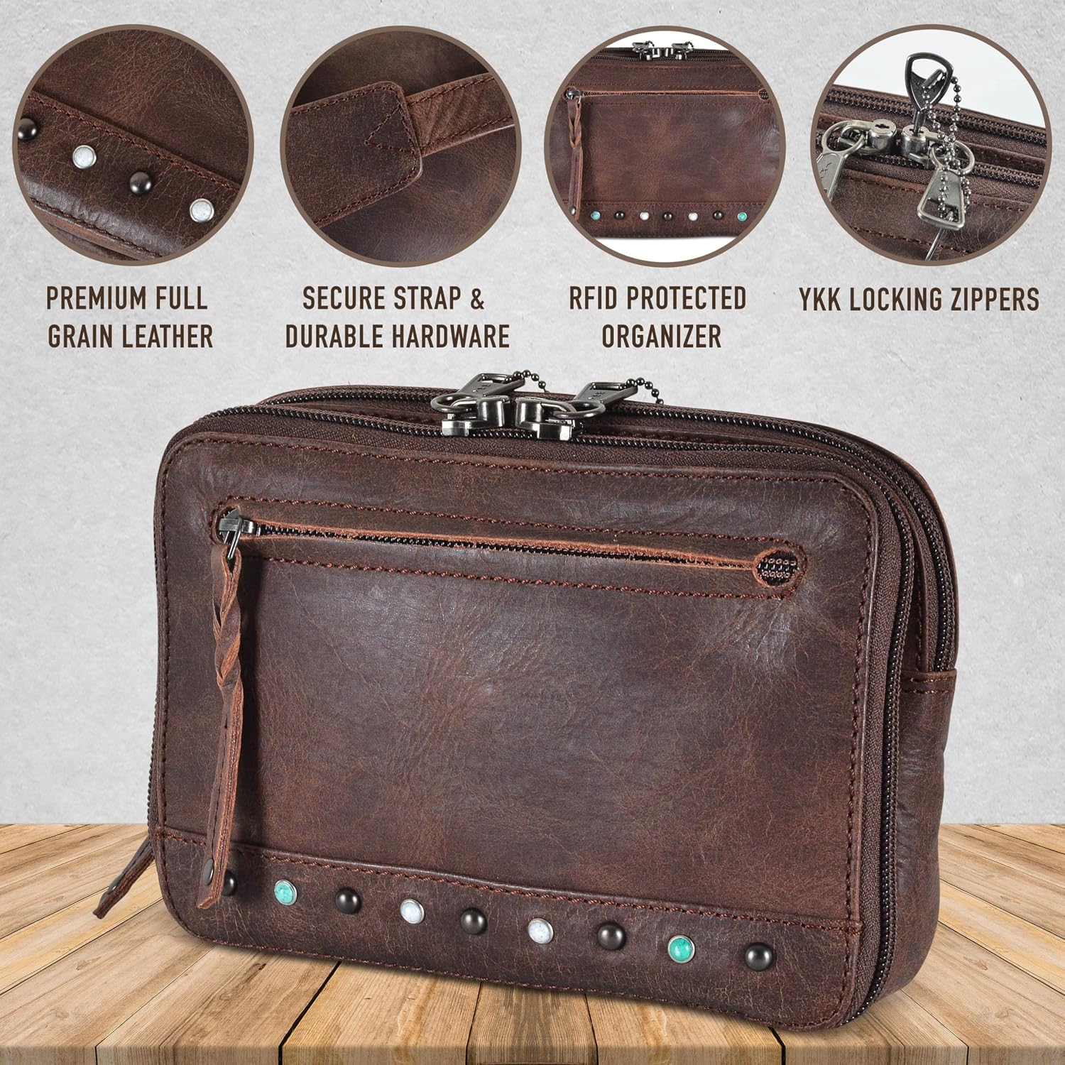 Kailey Concealed Self Defence Waist Bag by Lady Conceal - Buffalo/Suede Cowhide Leather, 3 Open Sides & Locking Zippers with Universal Holster (Mahogany w/Studs) - 8' L x 5.5' H x 2.25'