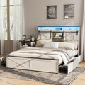 Fameill Farmhouse Full Size Bed Frame with 4 Drawers and Bookcase Headboard, Sliding Barn Door Storage Shelves, LED Lights and Charging Station, No Box Spring Needed, Antique White