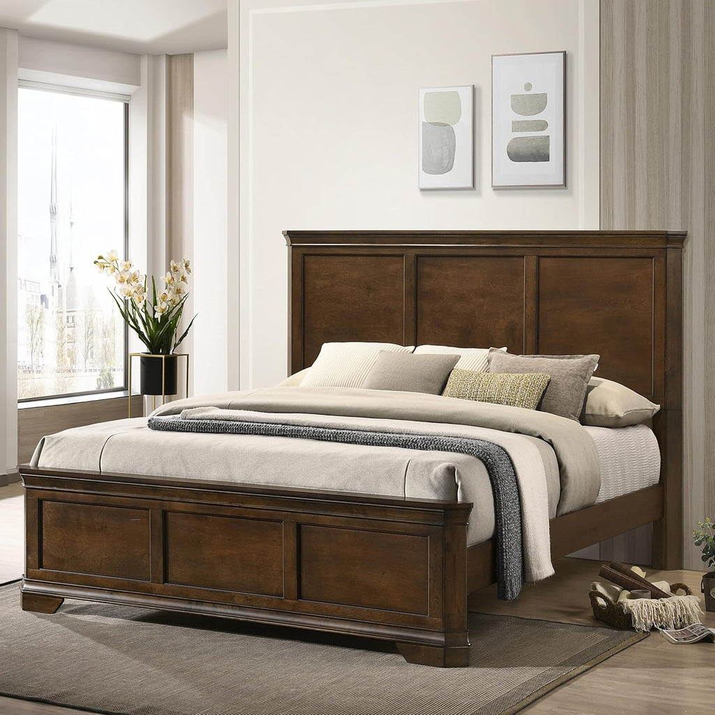Roundhill Furniture Maderne Traditional Wood Panel Bed with Dresser, Mirror, Nightstand, Queen, Antique Walnut Finish