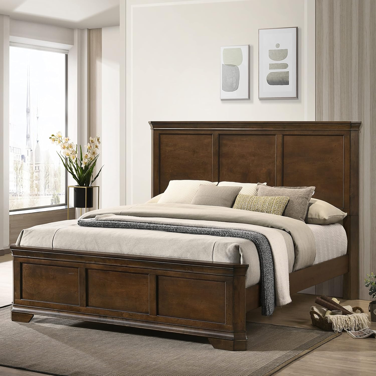 Roundhill Furniture Maderne Traditional Wood Panel Bed with Dresser, Mirror, Nightstand, Queen, Antique Walnut Finish