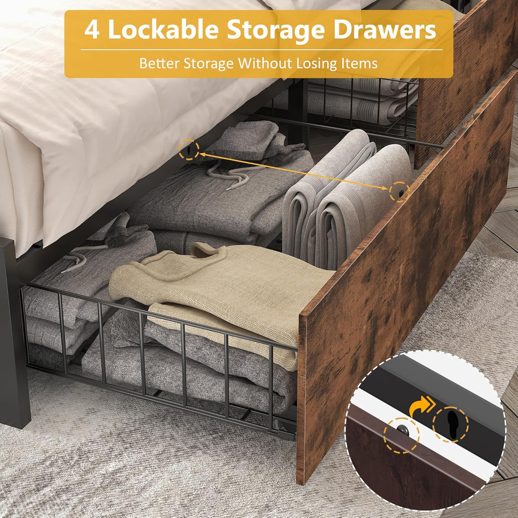 Lifezone Queen Bed Frame with 2-Tier Storage Headboard, Metal Platform Bed Frame with 4 Storage Drawers, Built in Charging Station & LED, Noise-Free/Metal Support/No Box Spring Needed, Vintage Brown
