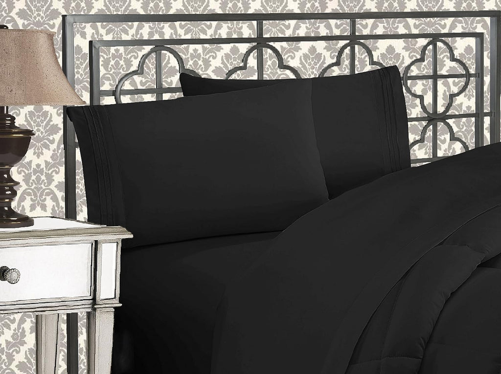 Elegant Comfort Luxurious 1500 Premium Hotel Quality Microfiber Three Line Embroidered Softest 4-Piece Bed Sheet Set, Wrinkle and Fade Resistant, Full, Black (Pack of 12)