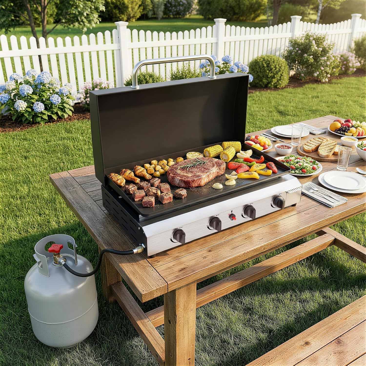 30'' Gas Griddle Flat Top Grill with Lid, 4-Burner Tabletop Portable Propane Griddle for Outdoor Cooking, BBQ, Camping & Tailgating Barbecue, 60,000BTU Output