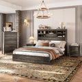 Farmhouse 4-Pieces Bedroom Sets, Queen Size Platform Bed with 2 Nightstands and 5-Drawer Storage, Wooden Bed Frame with Storage Headboard and Charging Station (Antique Gray-7.17)