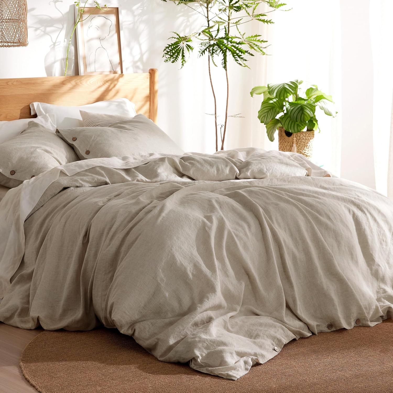 Bedsure Linen Duvet Cover Queen - Linen Cotton Blend Duvet Cover, PureWoven Cooling & Breathable Bedding Set for Hot Sleepers, Moisture Wicking & Durable Cover Set 3 Piece (Natural Color)