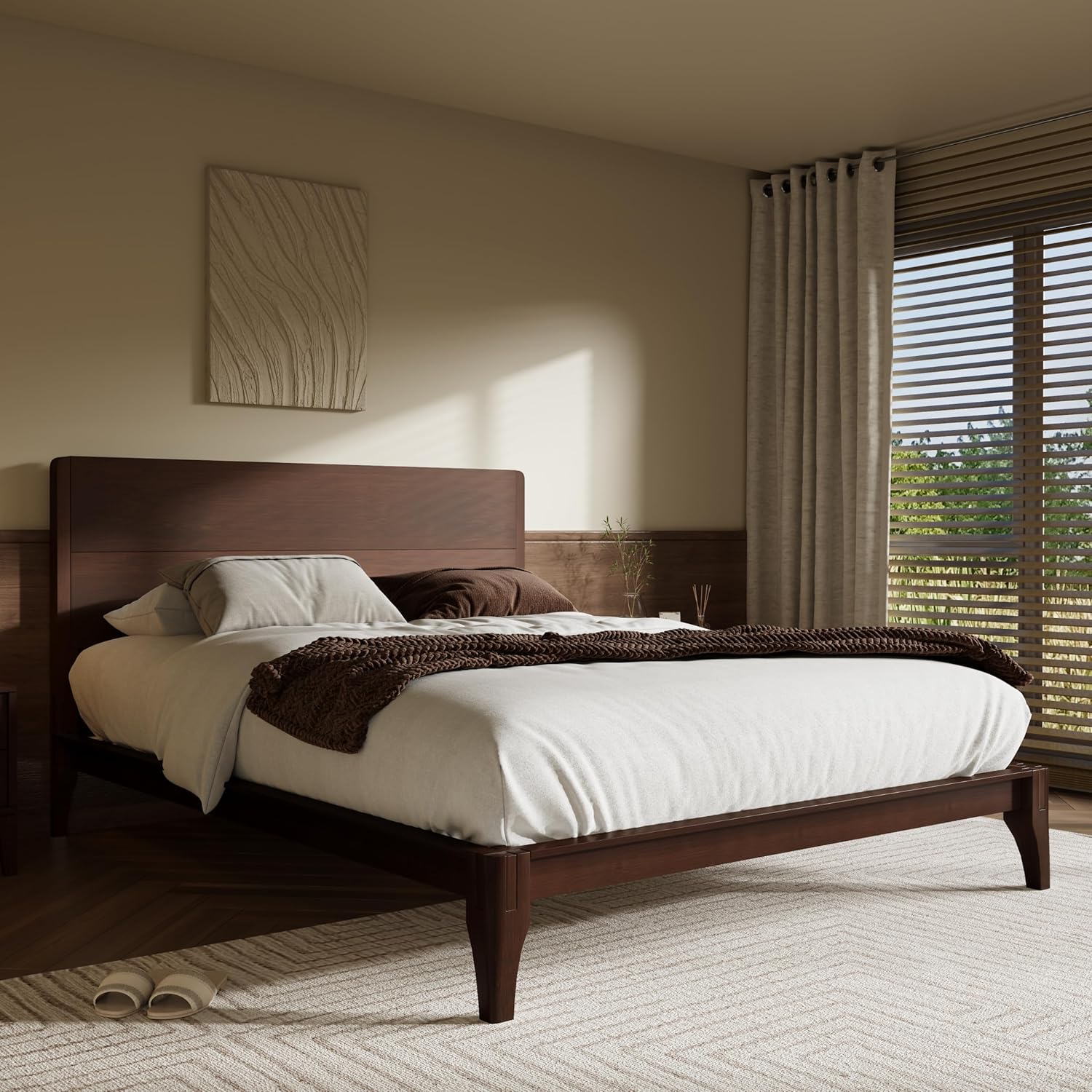 Merax Queen Size Bamboo Platform Bed, Mid-Century Modern Bed Frame with Tall Headboard, Solid Sustainable Bedframe Queen-Size, Wood Slat Support, No Box Spring Needed, Easy Assembly, Espresso