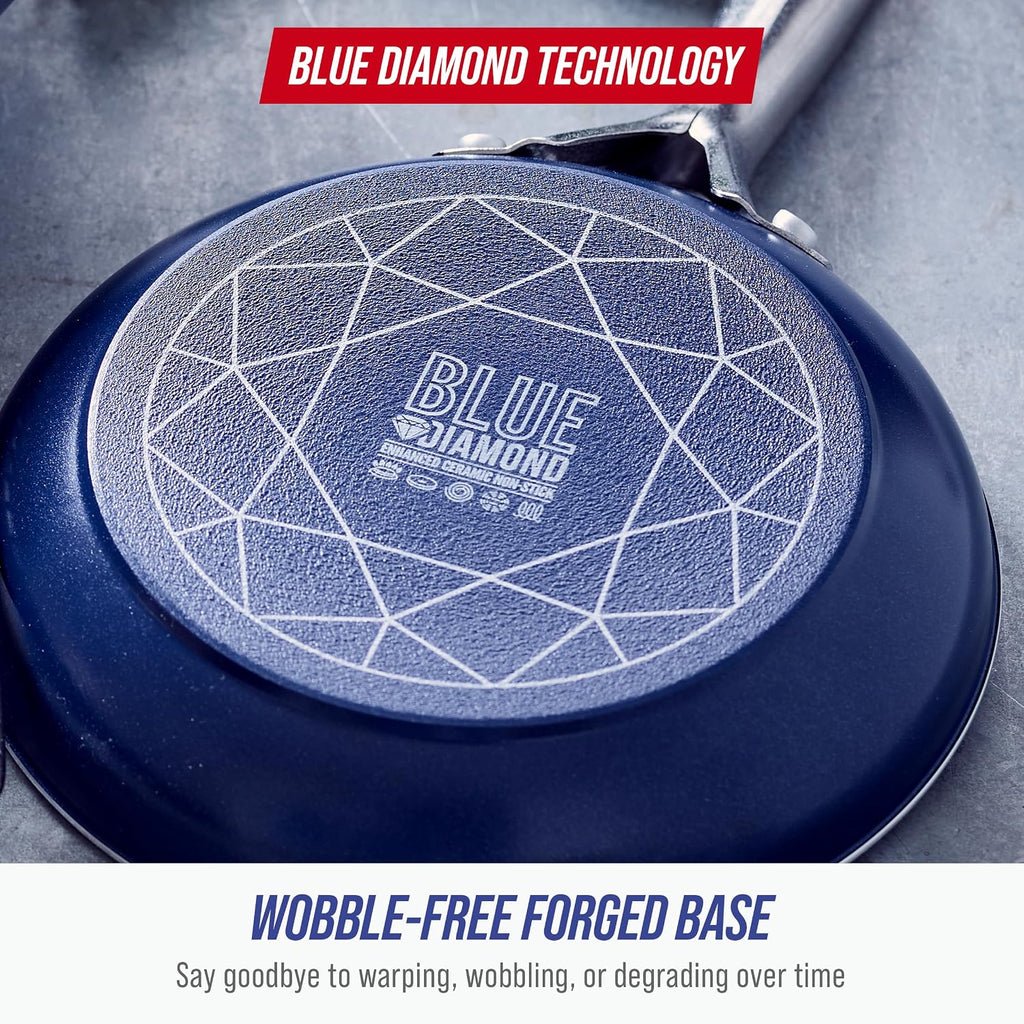 Blue Diamond 10 Piece Nonstick Cookware Set, Diamond Ceramic Pots & Pans, Dishwasher & Metal Utensil Safe, Non Toxic PFAS-Free, Kitchen Cooking Sauce & Saute Pans, Oven & Broiler to 600F, Blue