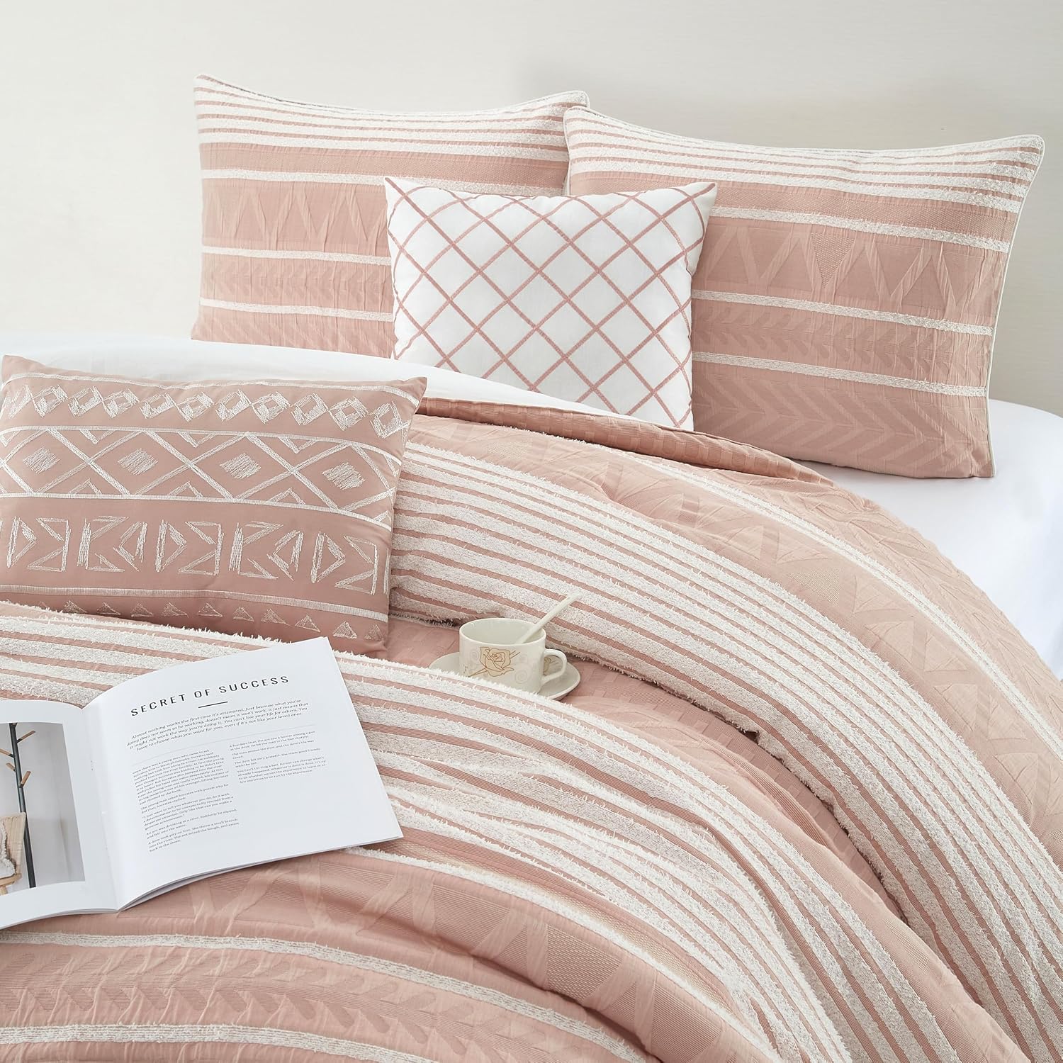 Stratford Park Cotton Queen Size Comforter Set, Blush Geometric Jacquard Bedding Set, Cozy 6 Piece Bedding Set, Bedskirt, Pillows & Shams, Home Decor