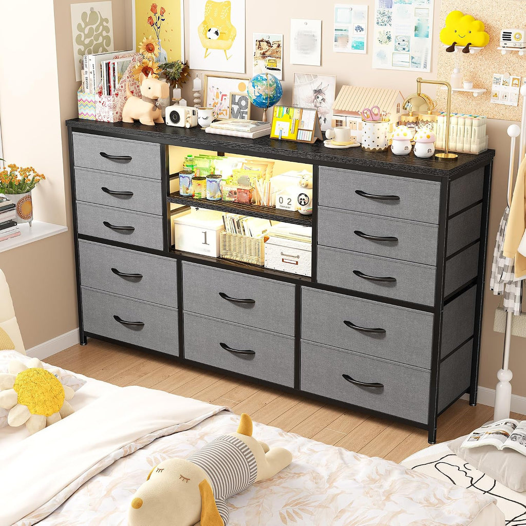 EnHomee 12 Drawers Dresser for Bedroom with LED Lights & Charging Station, TV Stands for 55/60'' TV, Fabric Dressers & Chests of Drawers with 3 Wooden Shelves for Hallway,Sturdy,Grey