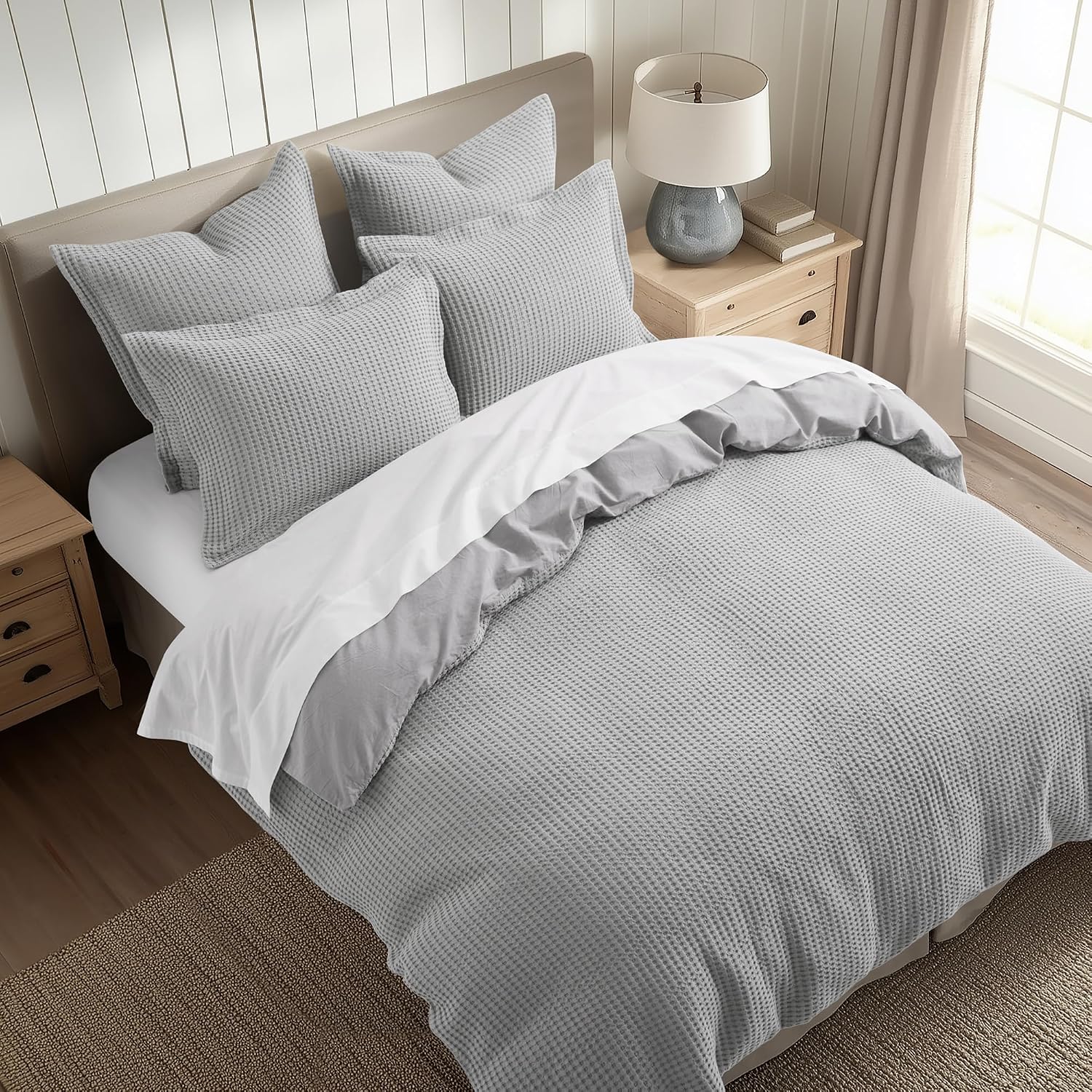 Levtex Home Mills Waffle Queen Duvet Cover Set (90x94in) with 2 Pillow Shams (26x20in) - Grey Pewter - 100% Cotton Queen Size Duvet Cover Set - Soft, Pre-Washed