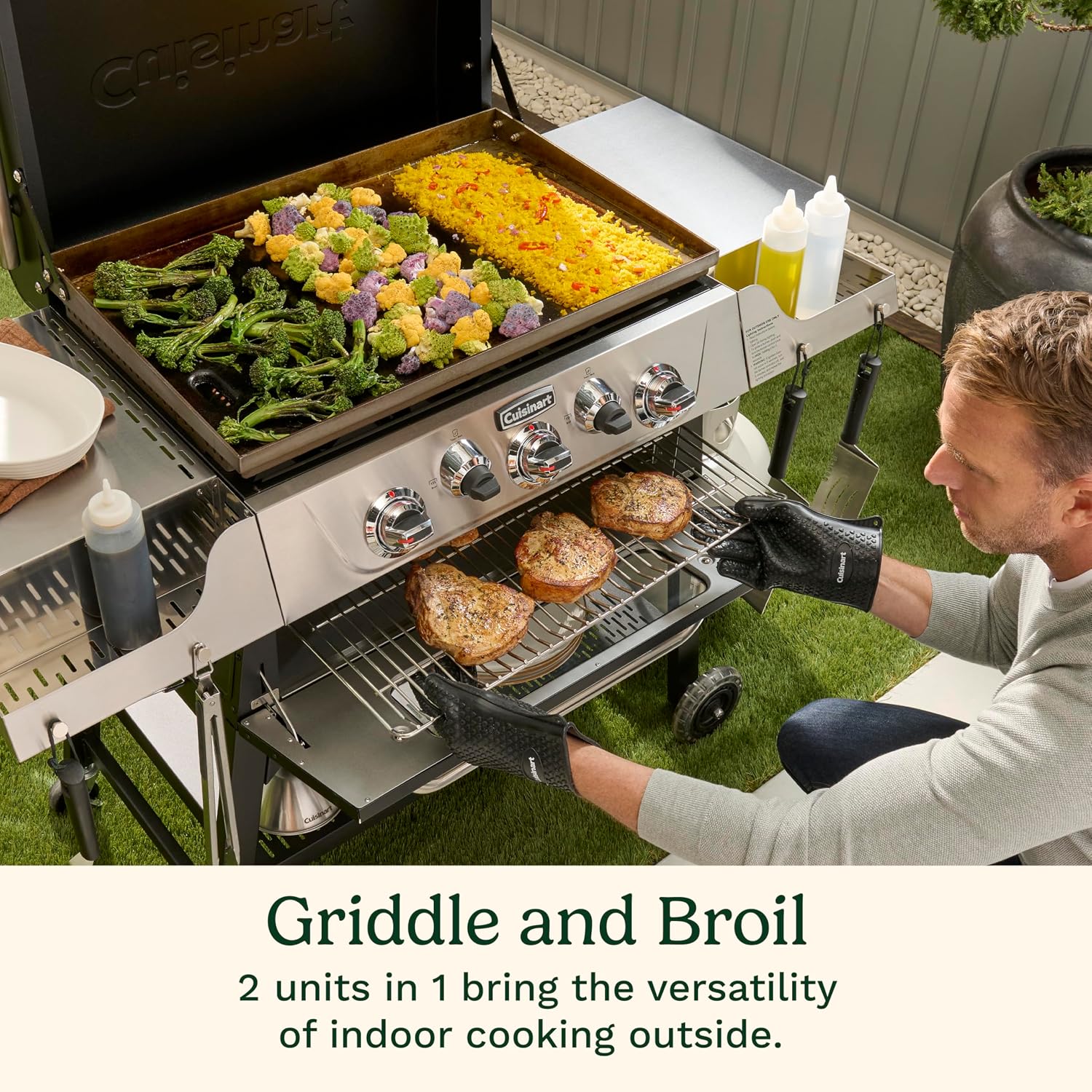 Cuisinart 28' Outdoor Griddler and Broiler Combo, 2-in-1 Carbon Steel Flat-Top Grill and Broiler with Hood, Adjustable Rack, Wheels, Side Tables, Large Cooking Area for BBQs, Outdoor Griddle Station