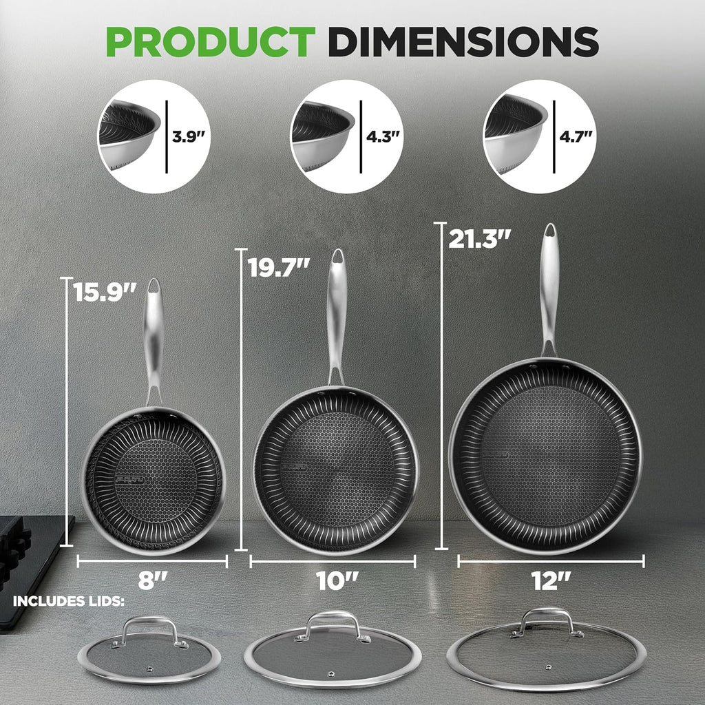 NutriChef 6-Piece Tri-Ply Stainless Steel Frying Pan Set – 8', 10', 12' Non-Stick Skillets with Lids, Induction Compatible, Oven Safe, Scratch-Resistant, Dishwasher Safe