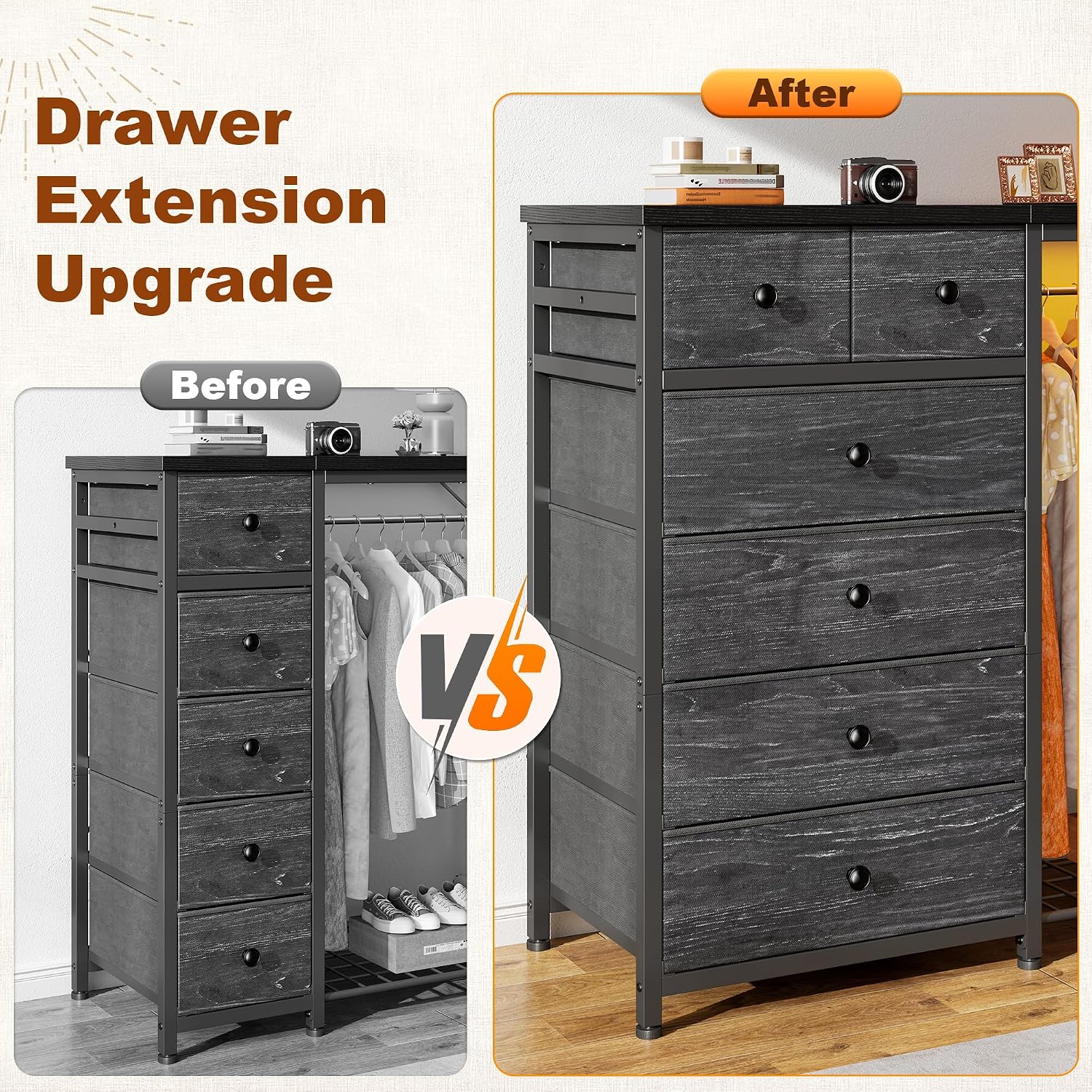 EnHomee 49.2' W Dresser for Bedroom with Hanging Rack 6 Drawers Dresser with LED Lights & Charging Station, Fabric Dressers & Chest of Drawers with 4 Hooks, Wooden Top, Grid Panel, Black