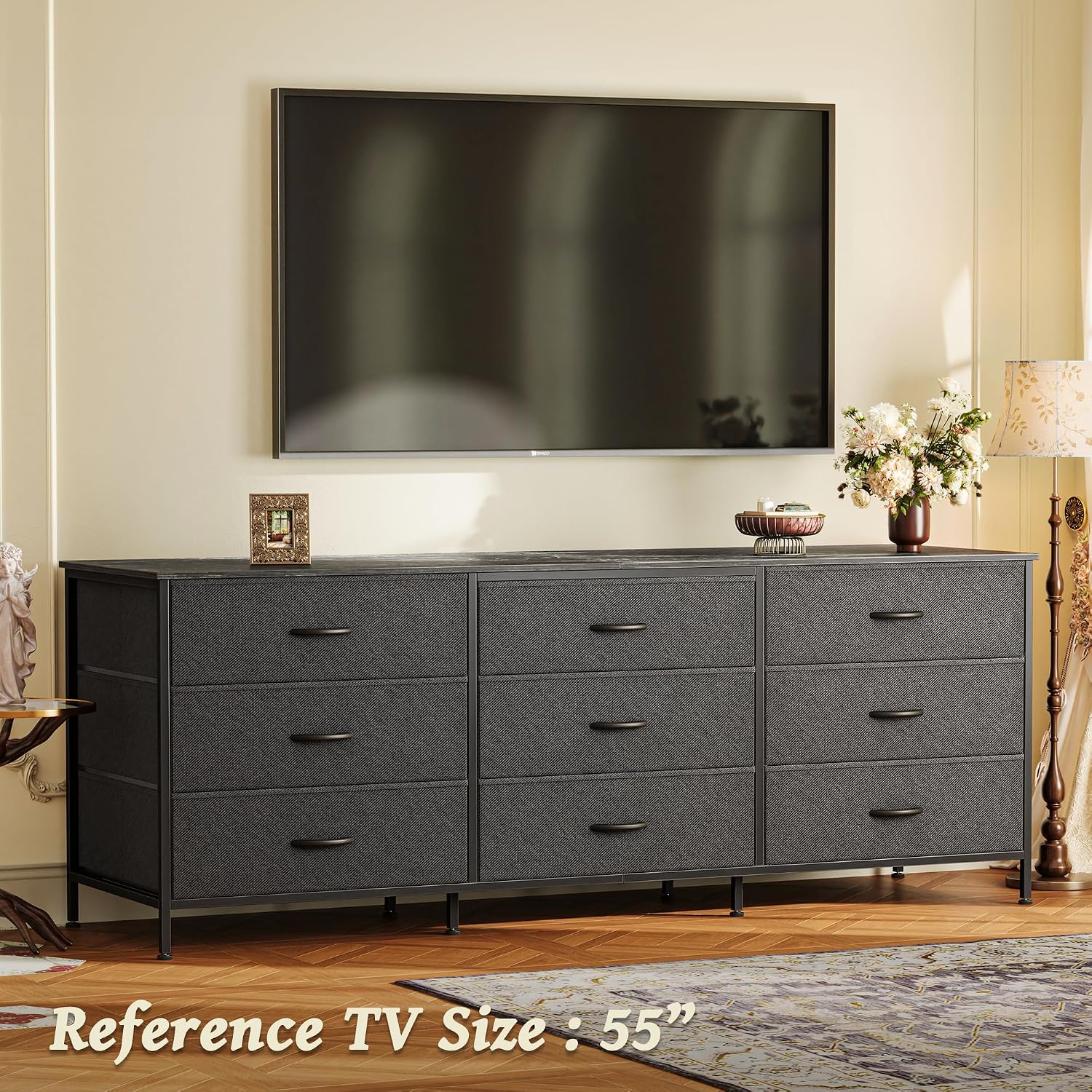 Huuger 63 Inch Dresser for Bedroom, Dresser for Closet with 9 Fabric Drawers, Large TV Stand for 55, 65, 70 Inch TV, Entertainment Center with Storage, Wide Long Chest of Drawers, Black