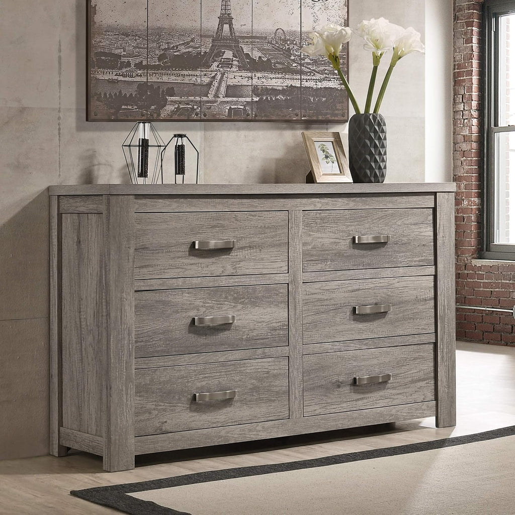 Floren Contemporary Weathered Gray Wood Bedroom Set, King Panel Bed, Dresser, Mirror, Nightstand