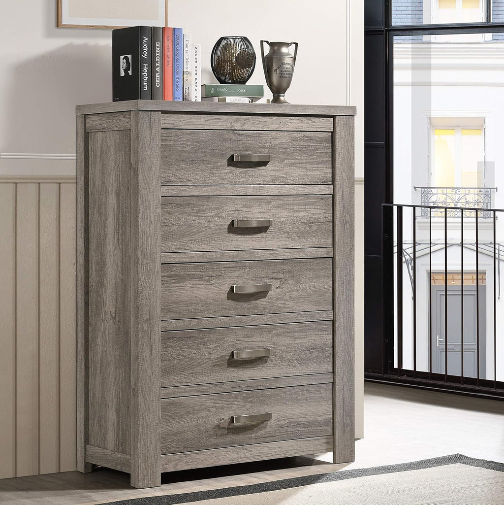 Floren Contemporary Weathered Gray Wood Bedroom Set, King Panel Bed, Dresser, Mirror, Nightstand, Chest