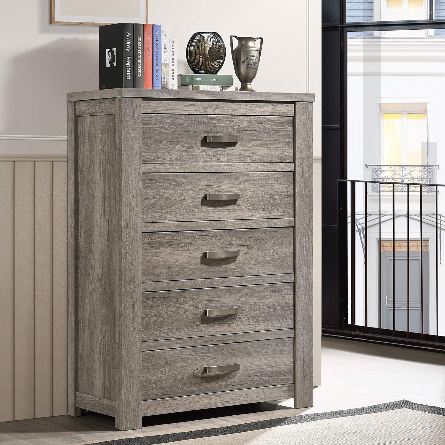 Floren Contemporary Weathered Gray Wood Bedroom Set, King Panel Bed, Dresser, Mirror, Nightstand, Chest