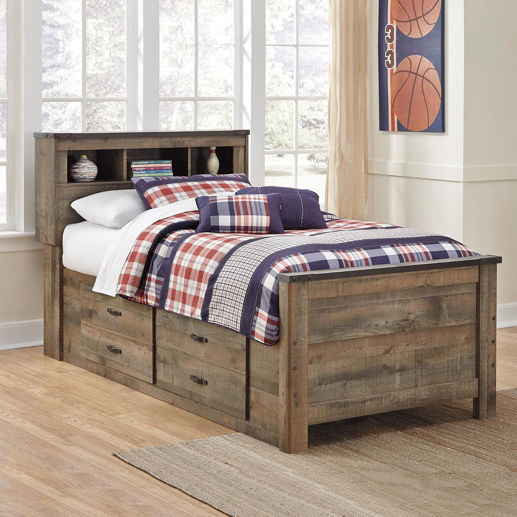 Signature Design by Ashley Trinell Casual Twin Bookcase Platform Bed with 2 Storage Drawers and Nailheads, Foundation or Box Spring Not Needed, Dark Brown