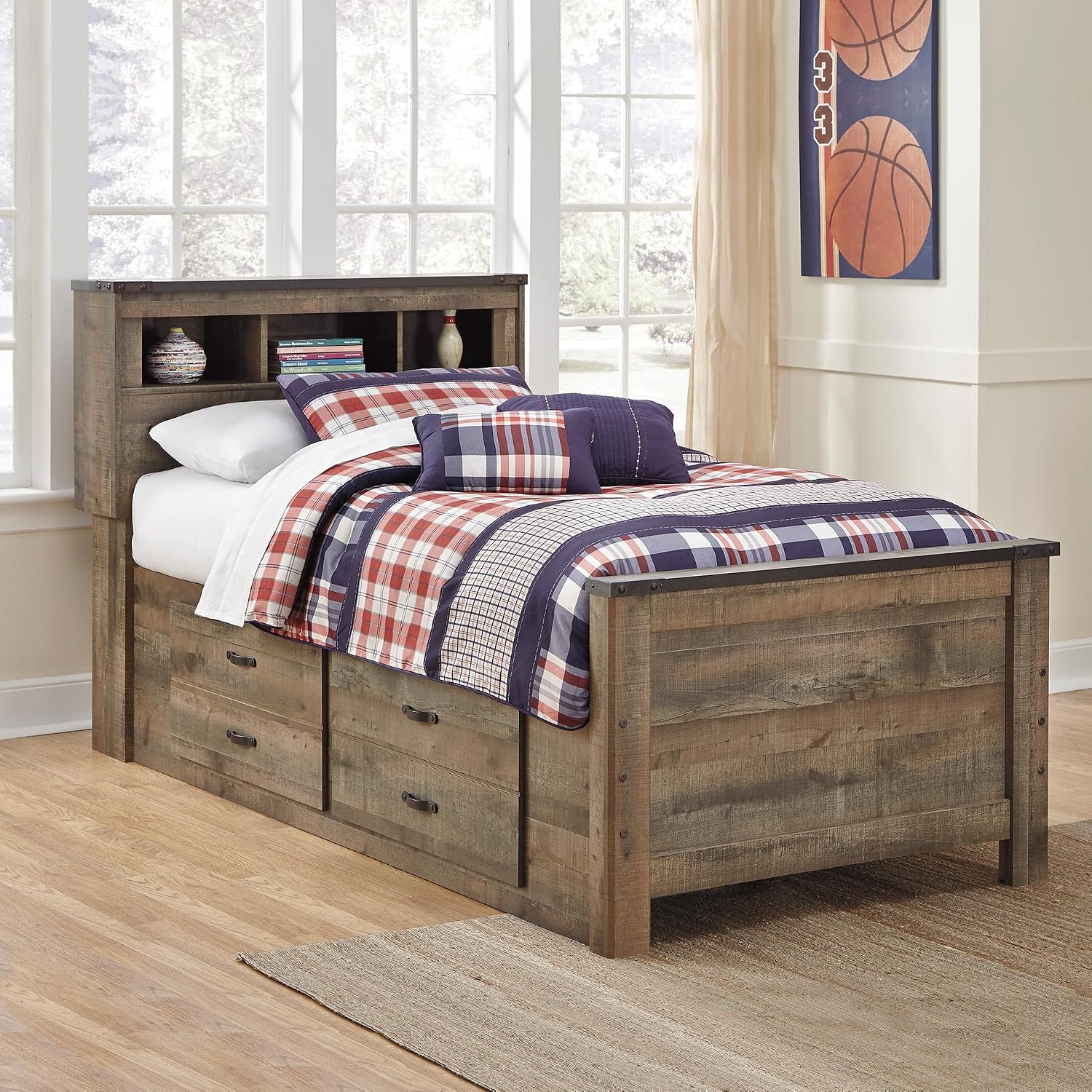 Signature Design by Ashley Trinell Casual Twin Bookcase Platform Bed with 2 Storage Drawers and Nailheads, Foundation or Box Spring Not Needed, Dark Brown