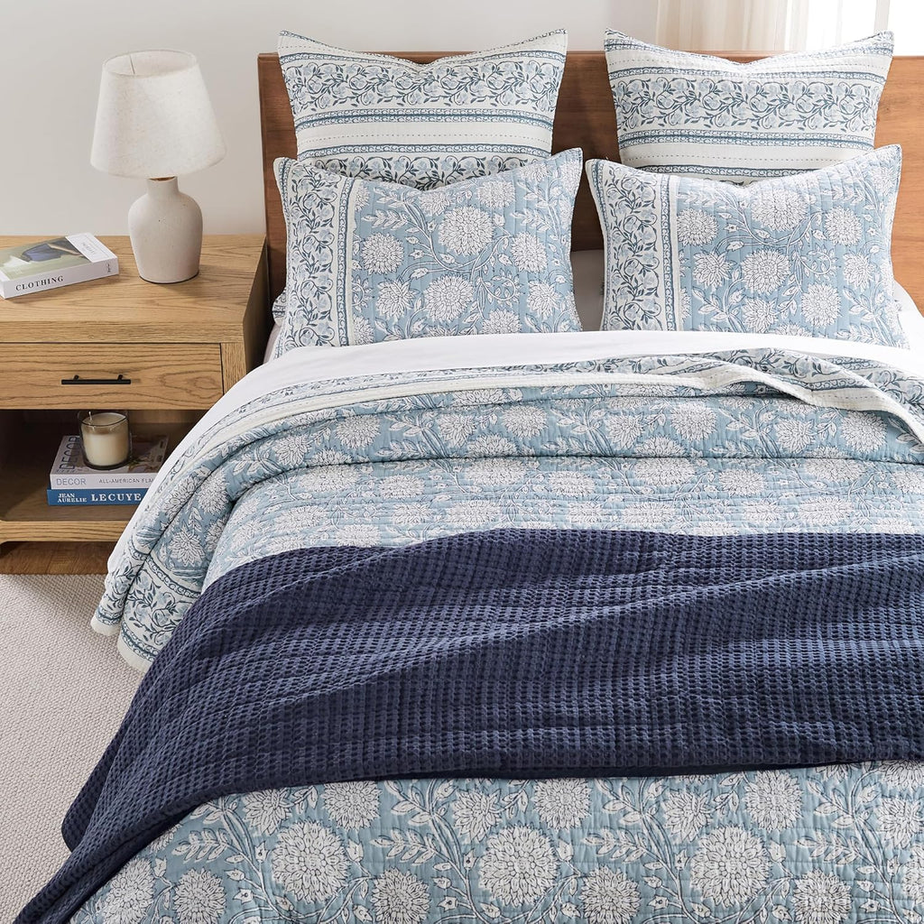 Levtex Home Adare Blue Reversible Full/Queen Quilt Set (88x92in) with 2 Pillow Shams (26x20in) - Floral Bedding - Blue White - Cotton Full/Queen Size Quilt Bedding Set - Lightweight, Soft, Pre-Washed