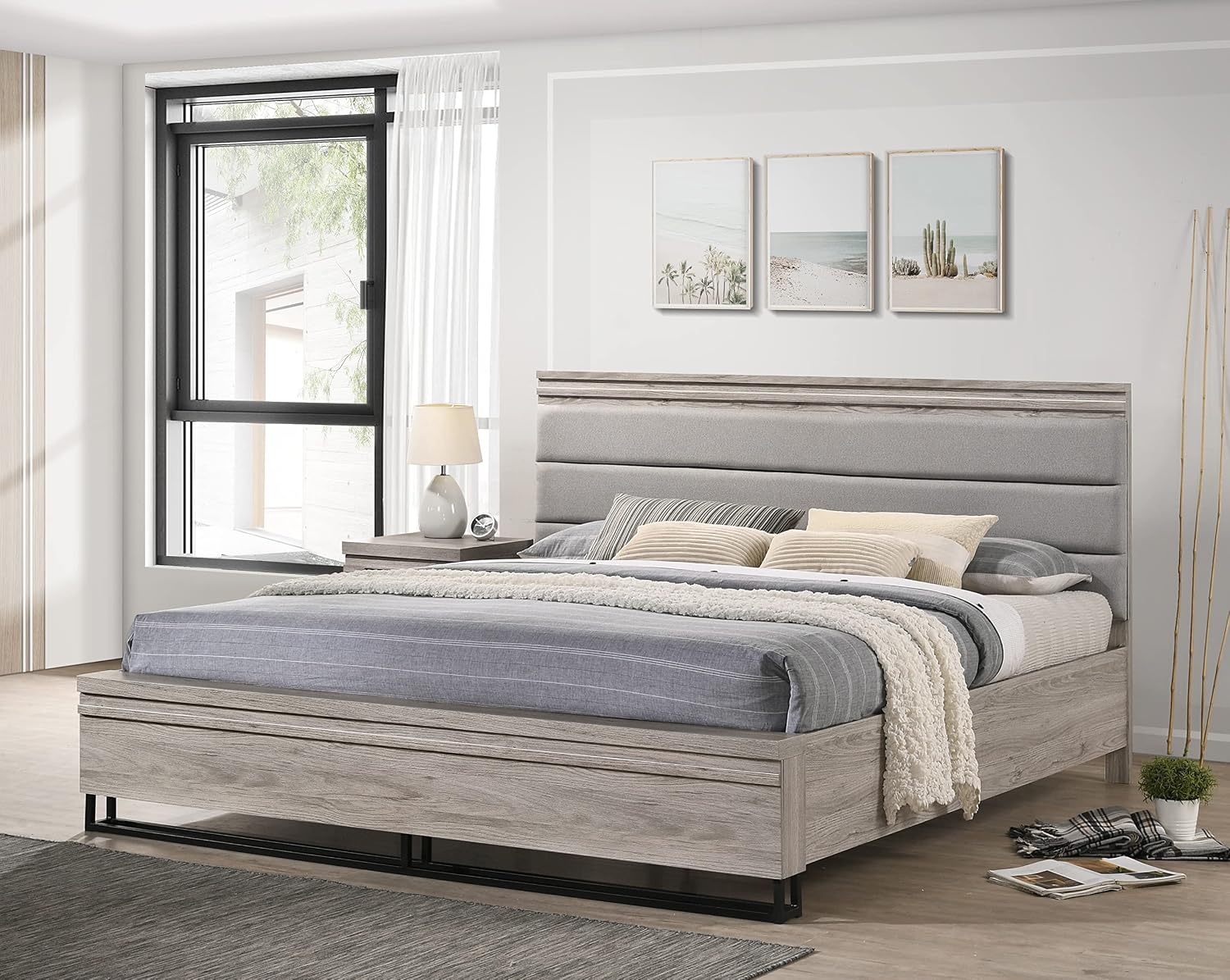 Roundhill Furniture Alvear Upholstered Wood Wallbed Bed with White LED Lights, 2 Nightstand, King, Weathered Gray