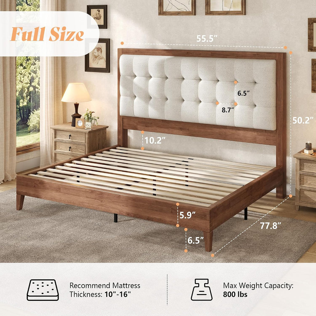 AMERLIFE Full Size Bed Frame with Headboard, Solid Wooden Bed Frame Full Size Platform Bed Frame Mid-Century Style, No Box Spring Required, Walnut