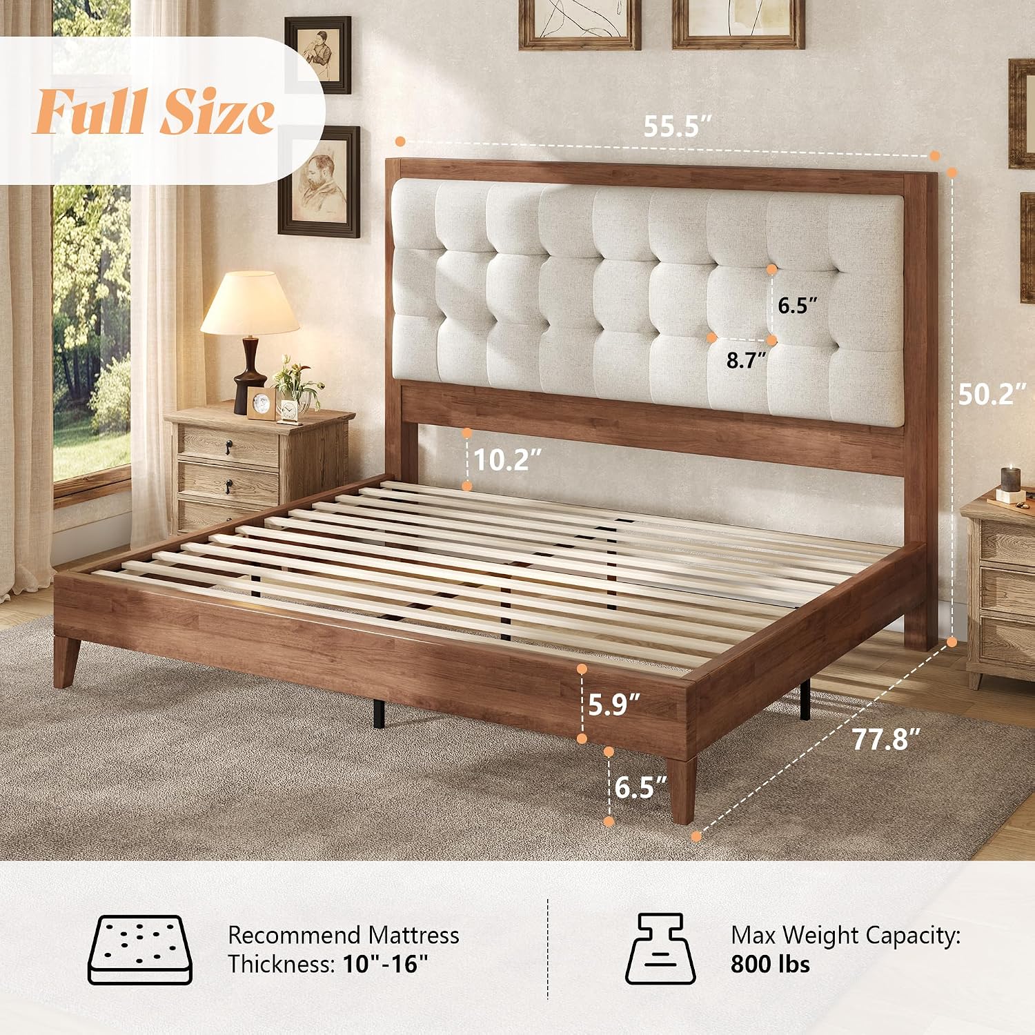 AMERLIFE Full Size Bed Frame with Headboard, Solid Wooden Bed Frame Full Size Platform Bed Frame Mid-Century Style, No Box Spring Required, Walnut