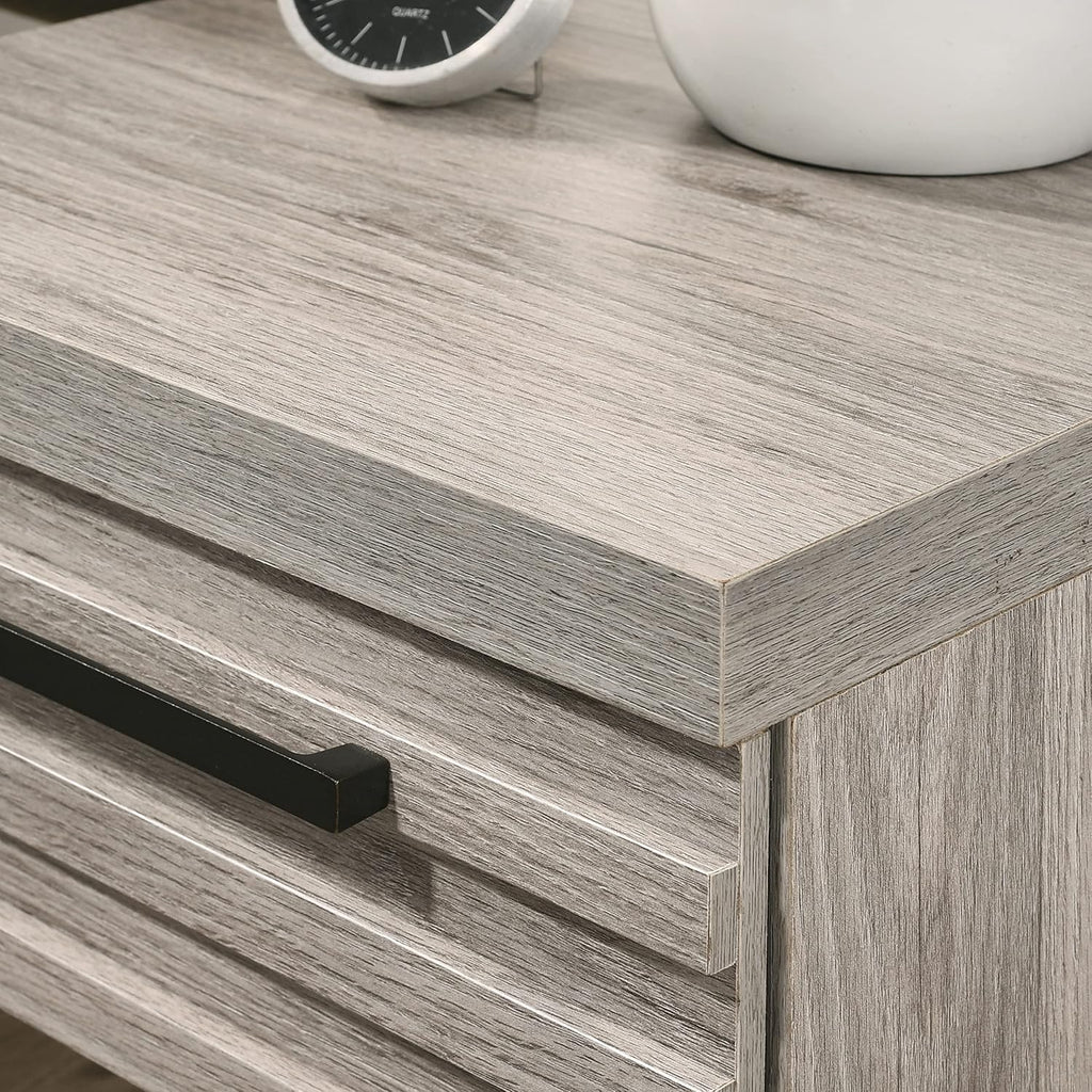 Roundhill Furniture Alvear Upholstered Wood Panel Bed, Dresser, Mirror, 2 Nightstands, and Chest, King, Weathered Gray