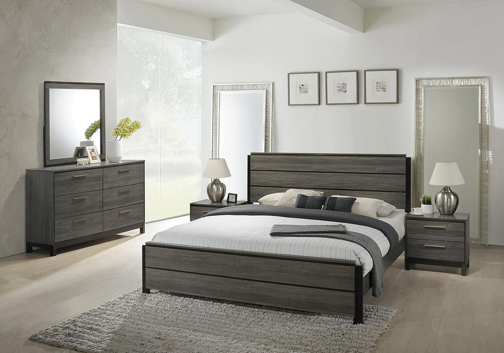 Roundhill Furniture Ioana 187 Antique Grey Finish Wood Bed Room Set, Queen Size Bed, Dresser, Mirror, 2 Night Stands