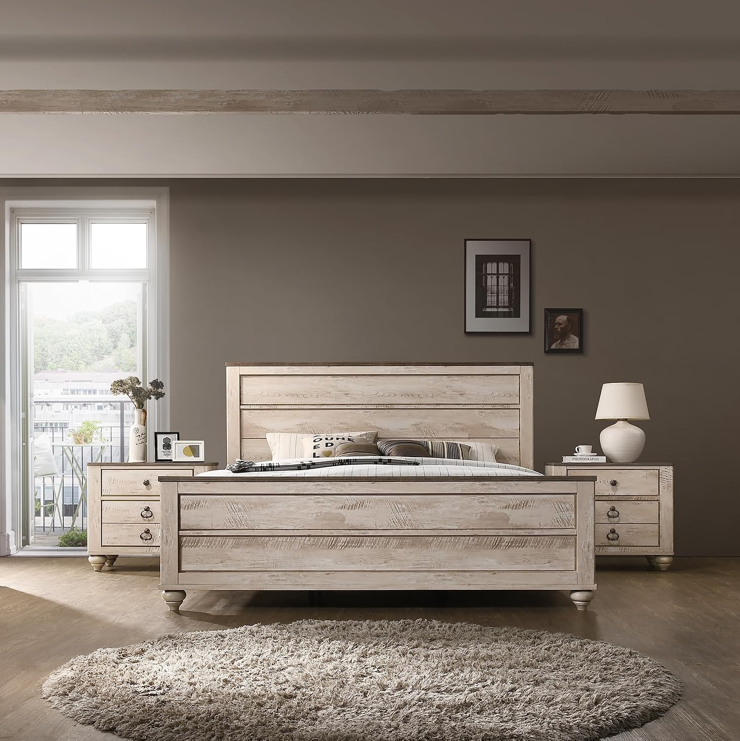 Roundhill Furniture Imerland Contemporary White Wash Finish 3-Piece Bedroom Set-Queen Bed and Two Nightstands