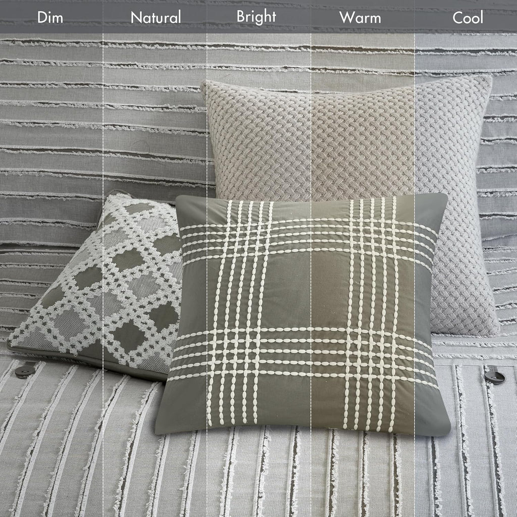 Madison Park Queen Comforter Set, Removable 100% Cotton Duvet Cover Queen Size with Insert, Farmhouse Bedding, Textured Stripe Clipped Jacquard Accent, Queen, Grey 8 Piece