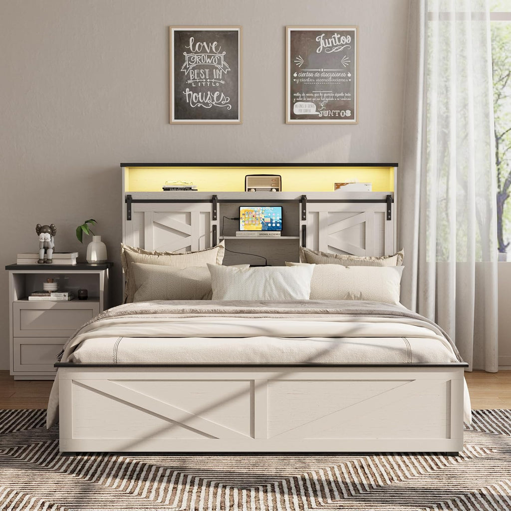 Fameill Farmhouse Full Size Bed Frame with 4 Drawers and Bookcase Headboard, Sliding Barn Door Storage Shelves, LED Lights and Charging Station, No Box Spring Needed, Antique White
