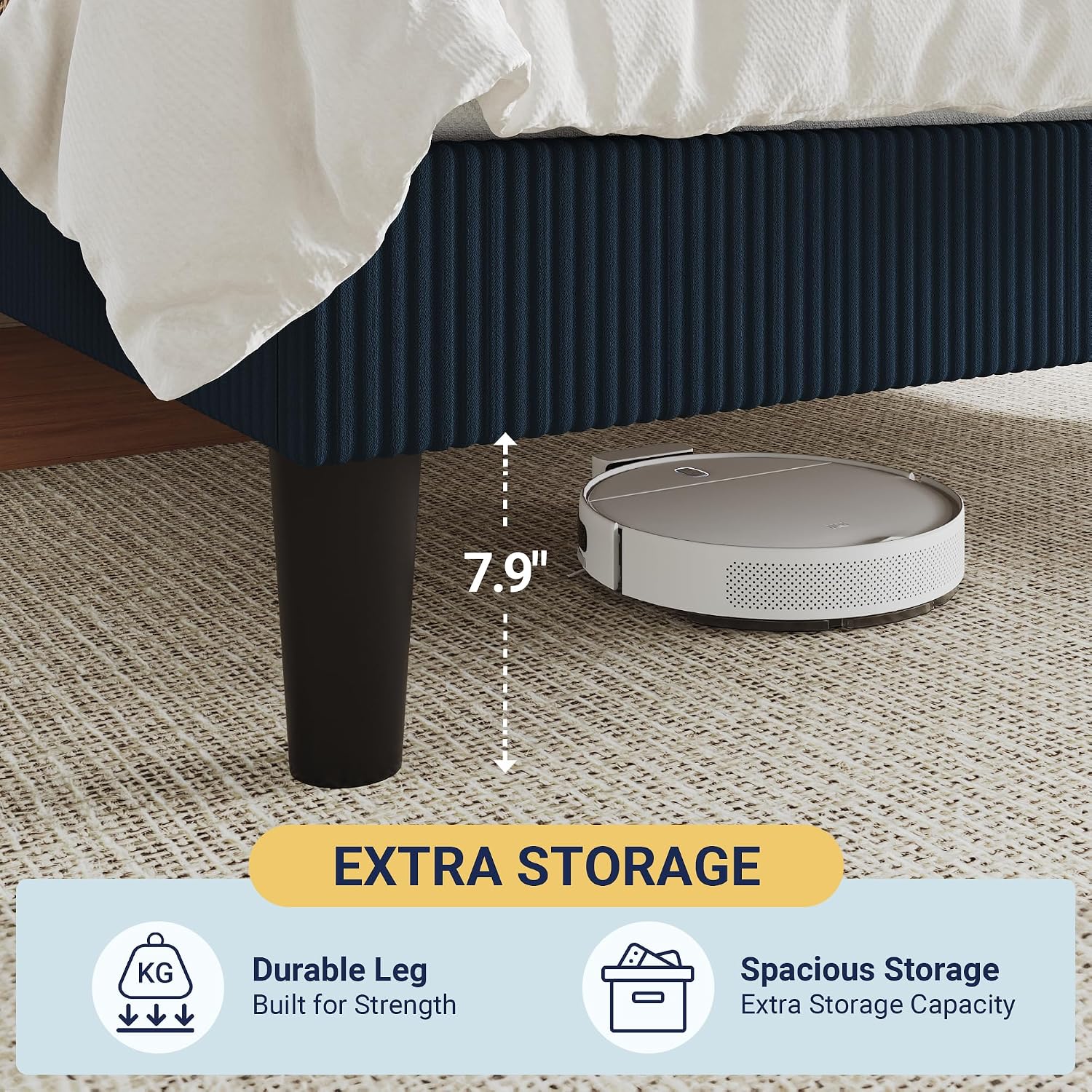 Allewie King Size Upholstered Bed Frame with Vertical Channel Tufted Headboard, Soft Corduroy Fabric Platform Bed, Strong Wooden Slats Support, Easy Assembly, No Box Spring Needed, Dark Blue