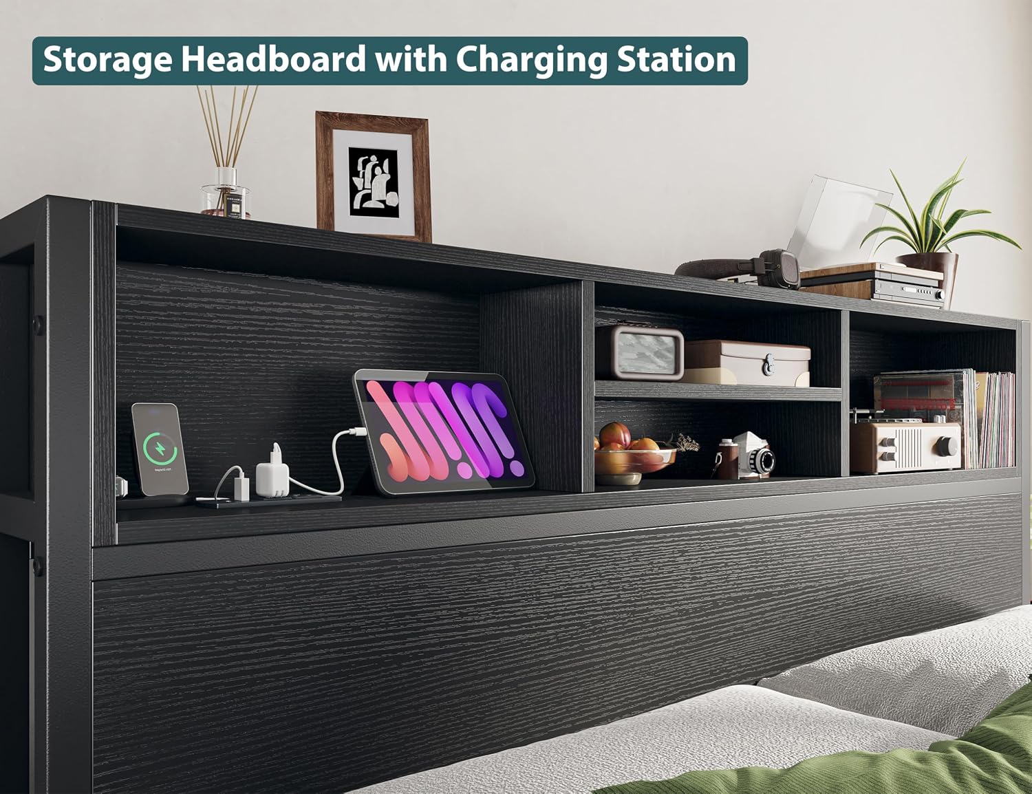 EnHomee Queen Bed Frame with 6 Storage Drawers, Headboard & Charging Station, Noise-Free Metal Platform Bed, No Box Spring Needed,Black