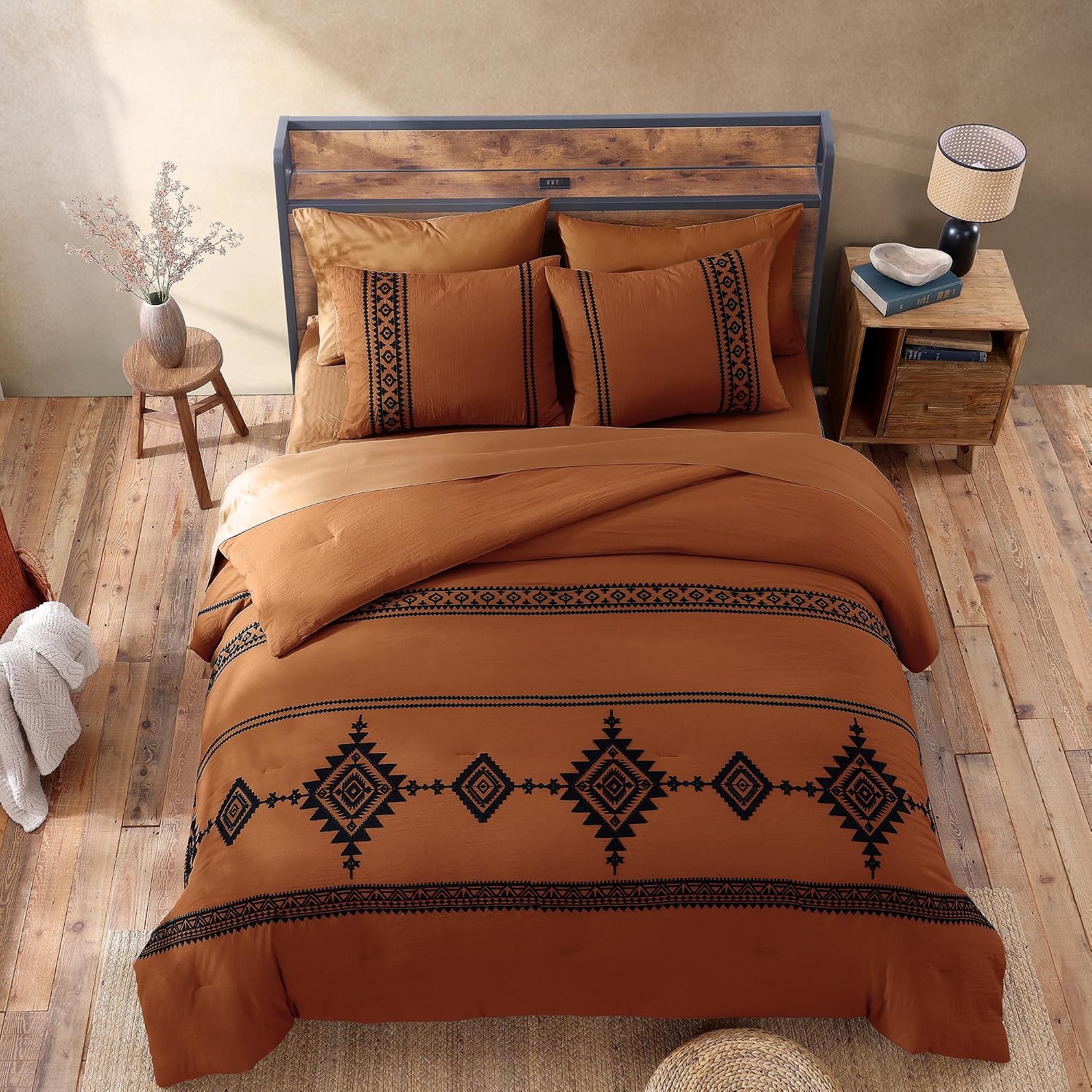 MaiRêve Super King Plus Comforter Set Burnt Orange, Embroidery Western Boho Bedding Set 7 Pieces, All Season Farmhouse Bed in A Bag Comforter Set with Sheets, Pillowcases & Shams