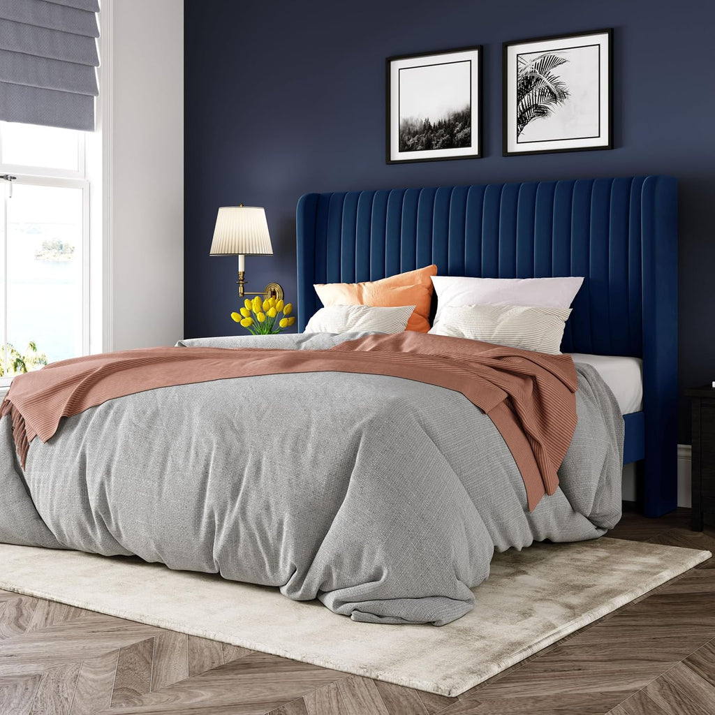 Allewie Queen Size Velvet Bed Frame/Vertical Channel Tufted Wingback Headboard/Upholstered Platform Bed/Strong Wooden Slats/No Box Spring Needed/Easy Assembly/Dark Blue