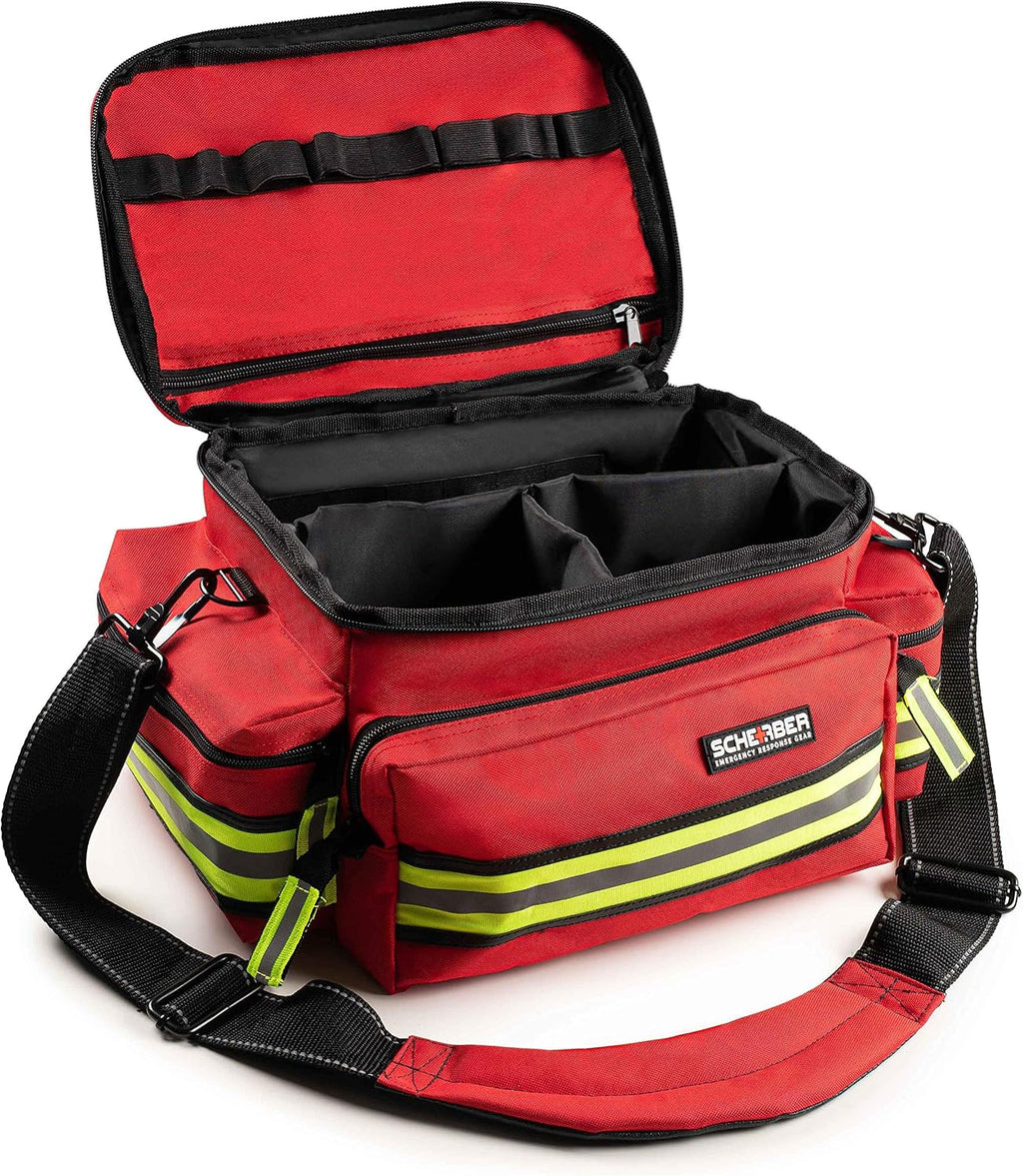 Scherber First Responder Fully-Stocked Professional Essentials EMT/EMS Trauma Kit | HSA/FSA Approved | Reflective Bag w/8 Zippered Pockets & Compartments & 200+ First Aid Supplies - Red