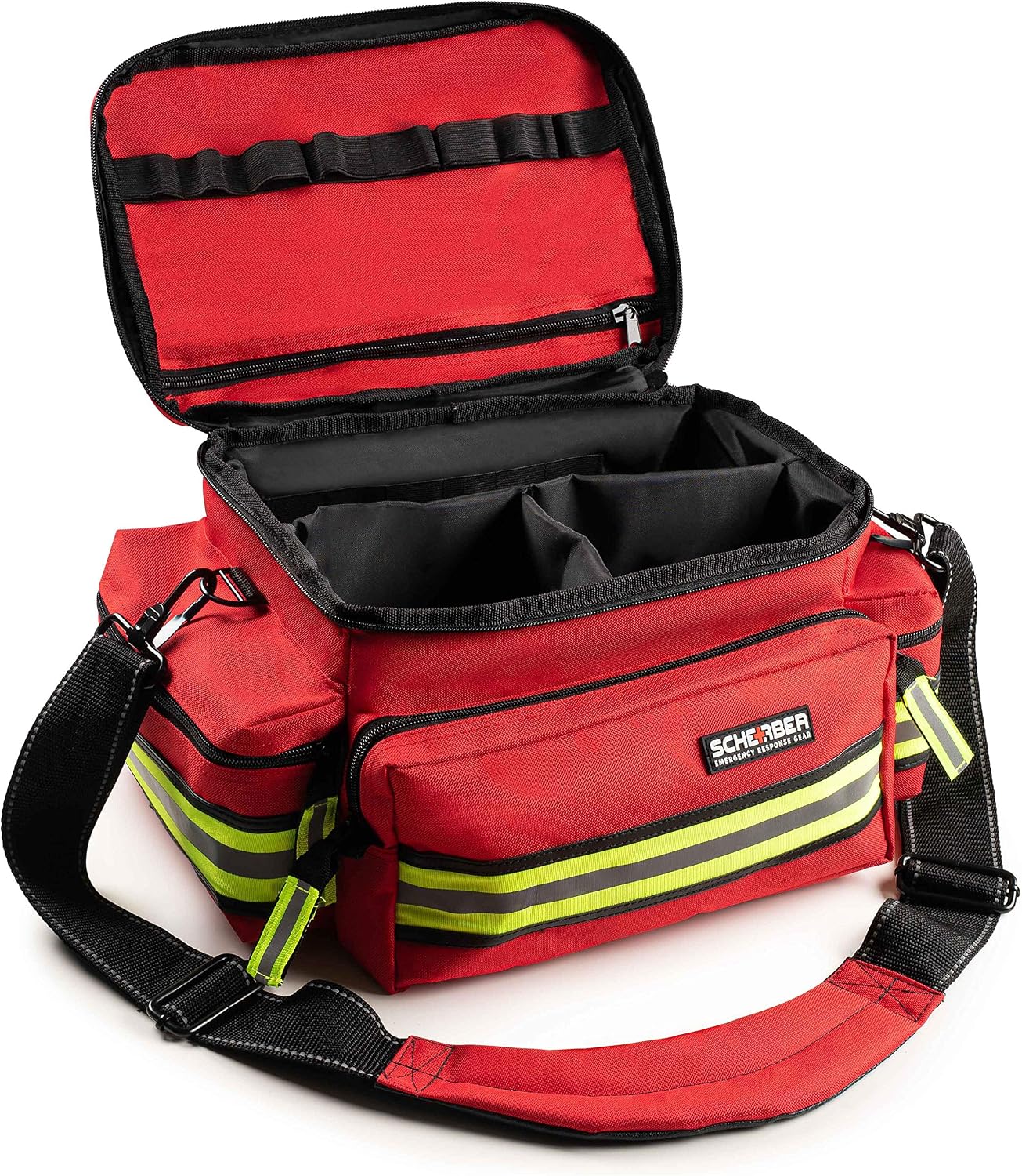 Scherber First Responder Fully-Stocked Professional Essentials EMT/EMS Trauma Kit | HSA/FSA Approved | Reflective Bag w/8 Zippered Pockets & Compartments & 200+ First Aid Supplies - Red