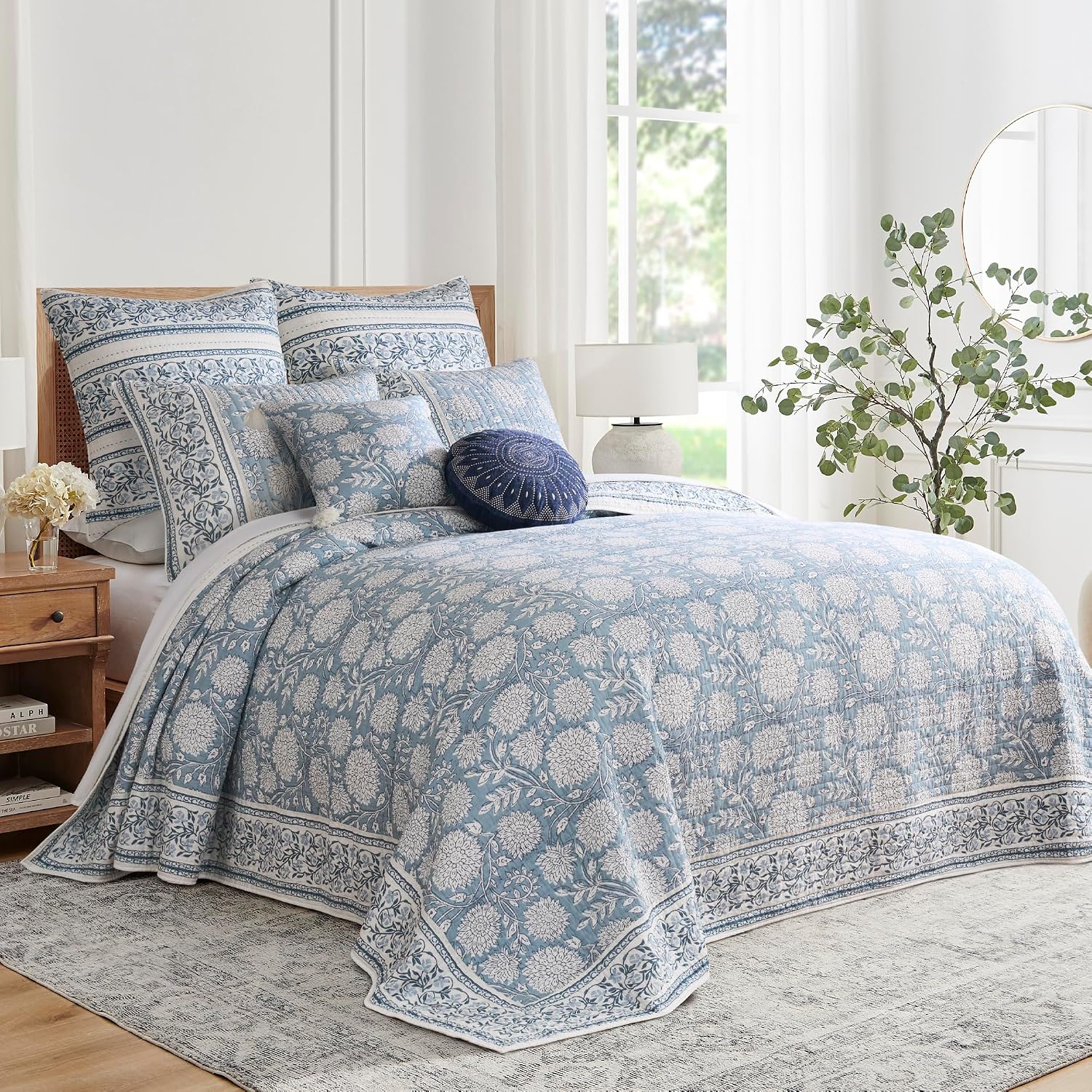 Levtex Home – Adare Blue Bedspread Set – Full Bedspread (96x106in.) and 2 Standard Shams (20x26in.) – Floral Botanical Design – Blue and White – Reversible – Cotton