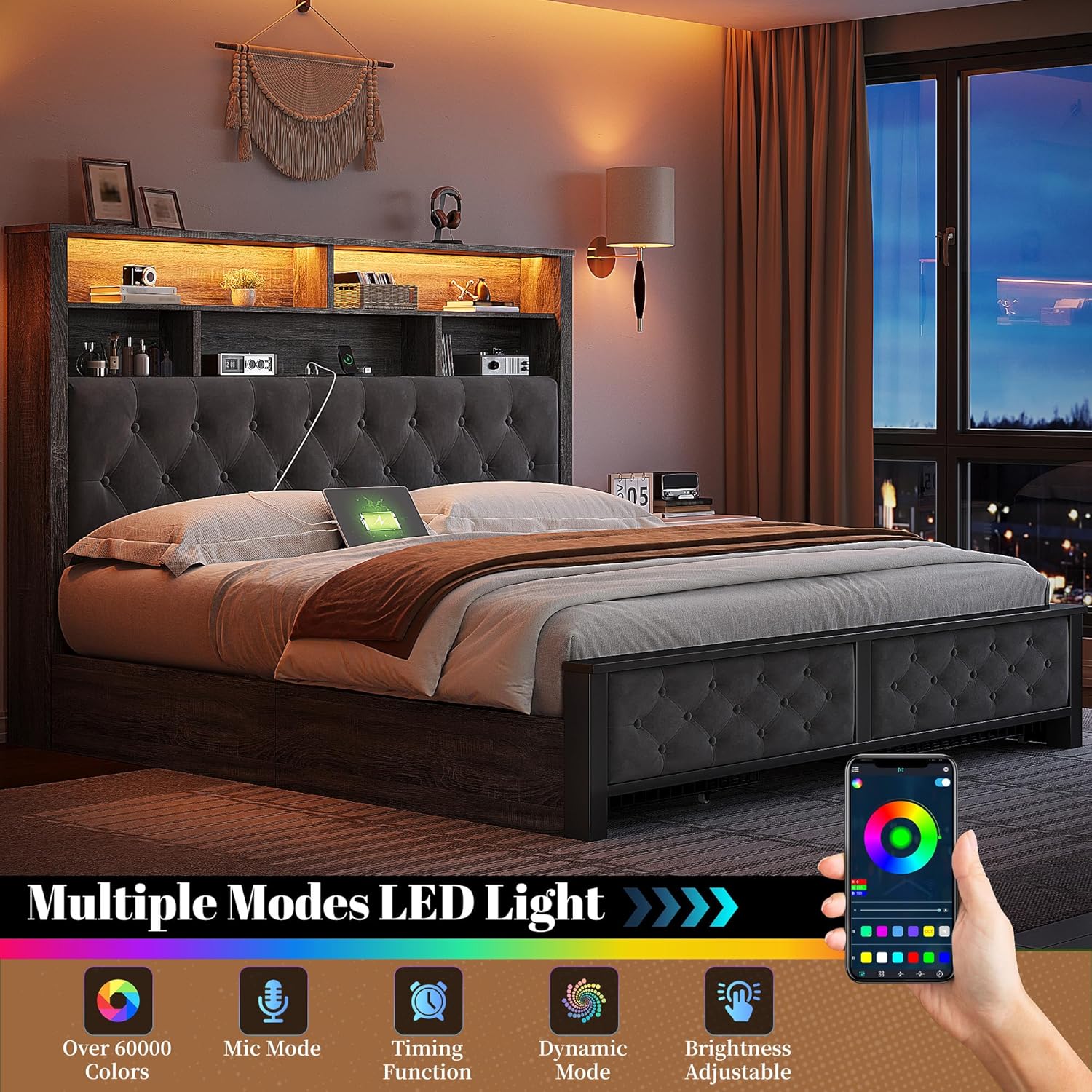 EnHomee Queen Bed Frame with Storage Headboard & 4 Drawers,Wooden Bed Frame Queen Size with Charging Station & LED Lights Upholstered,NO Noise,No Box Spring Needed,Gray