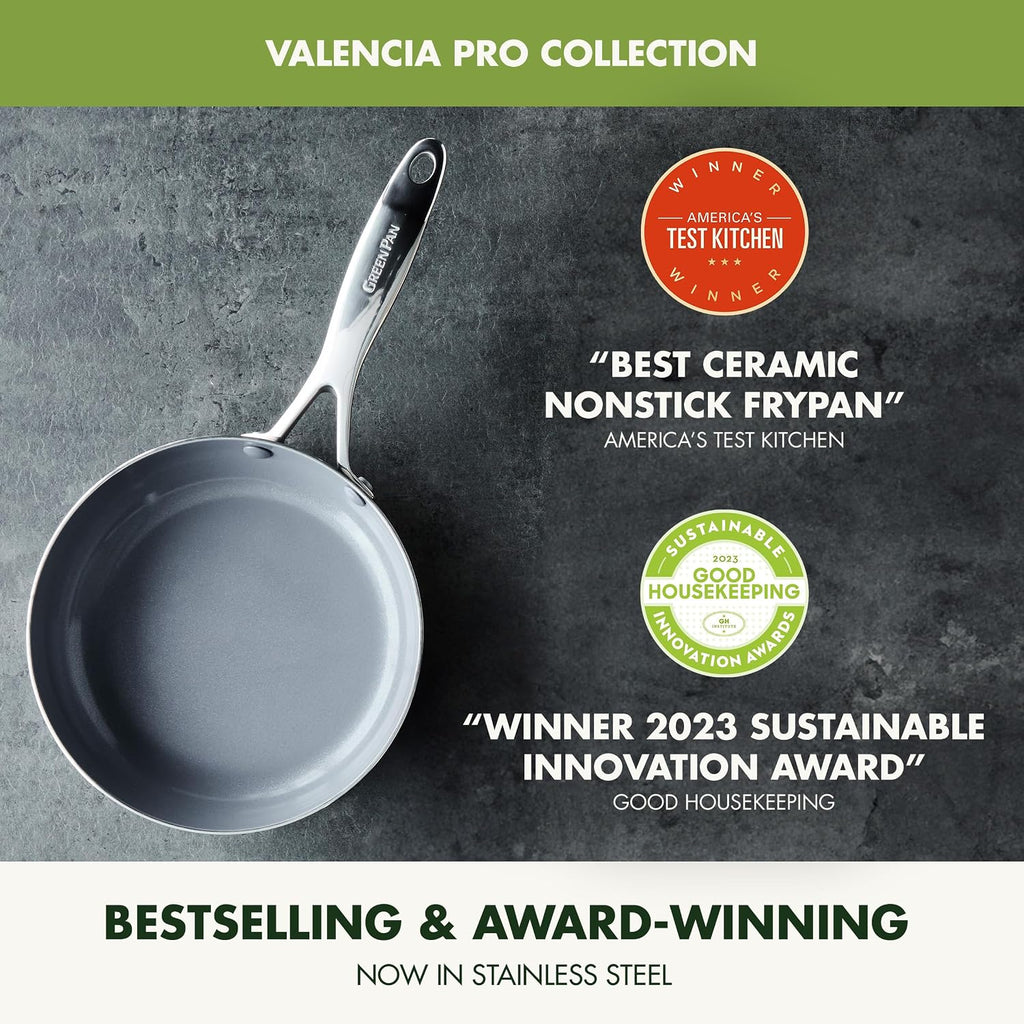 GreenPan Valencia Pro Tri-Ply Stainless Steel 8' & 10' Frying Pan Skillet Set, PFAS-Free Ceramic Nonstick Coating, Induction Ready Cookware, All Cooktops, Eggs & Omelets, Dishwasher & Oven Safe 600F