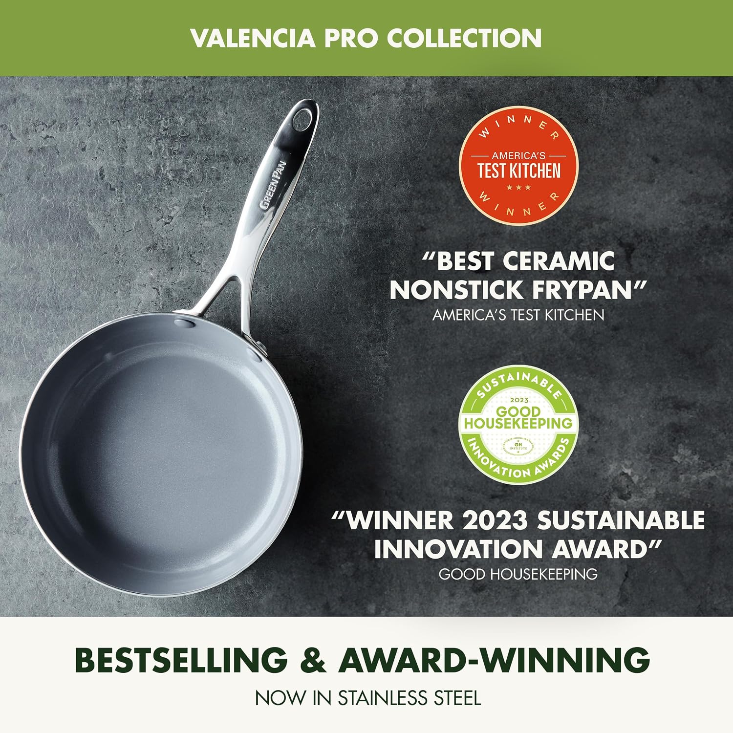 GreenPan Valencia Pro Tri-Ply Stainless Steel 8' & 10' Frying Pan Skillet Set, PFAS-Free Ceramic Nonstick Coating, Induction Ready Cookware, All Cooktops, Eggs & Omelets, Dishwasher & Oven Safe 600F