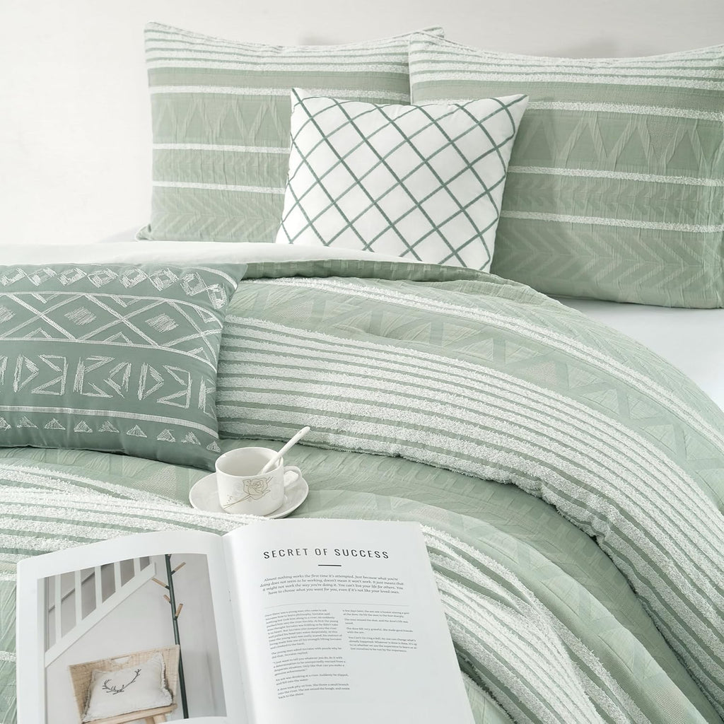 Stratford Park Cotton California King Comforter Set, Sage Geometric Jacquard Bedding Set, Cozy 6 Piece Bedding Set, Bedskirt, Pillows & Shams, Home Decor