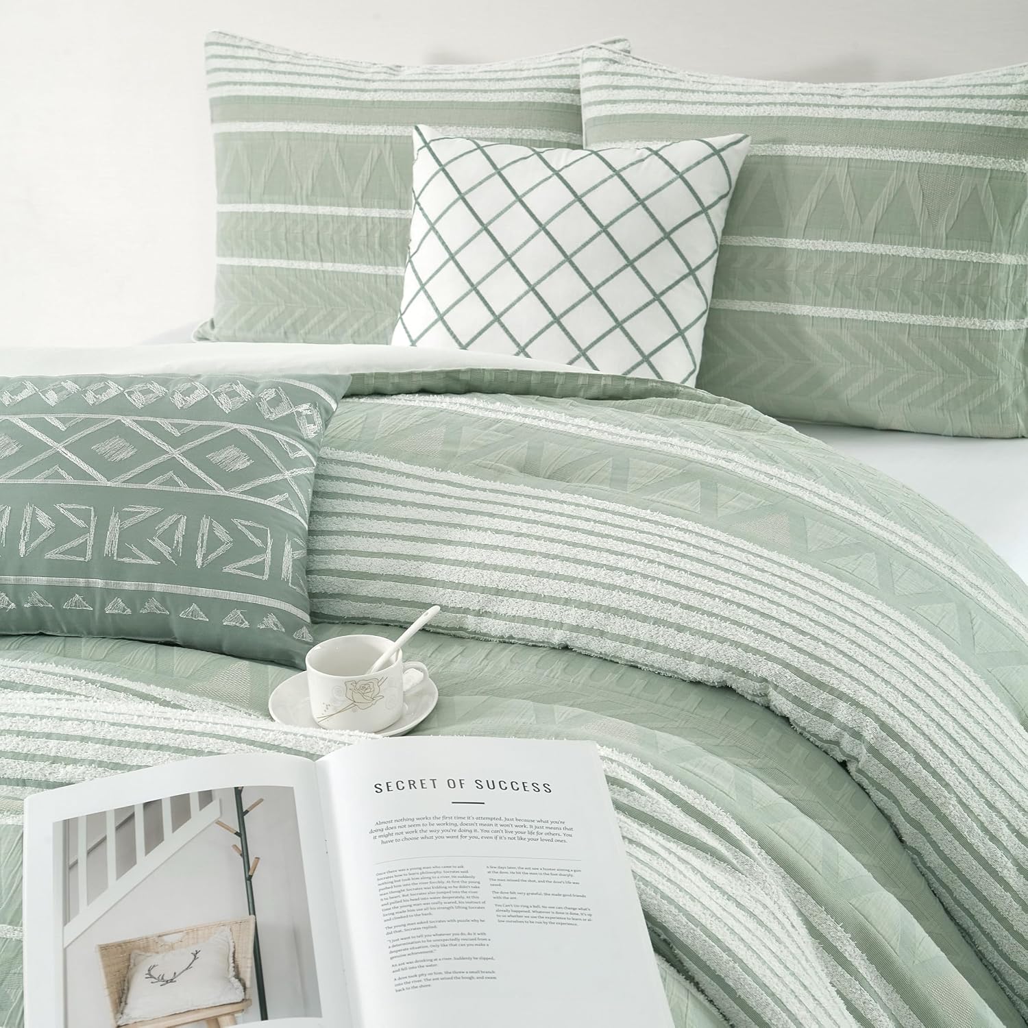 Stratford Park Cotton California King Comforter Set, Sage Geometric Jacquard Bedding Set, Cozy 6 Piece Bedding Set, Bedskirt, Pillows & Shams, Home Decor