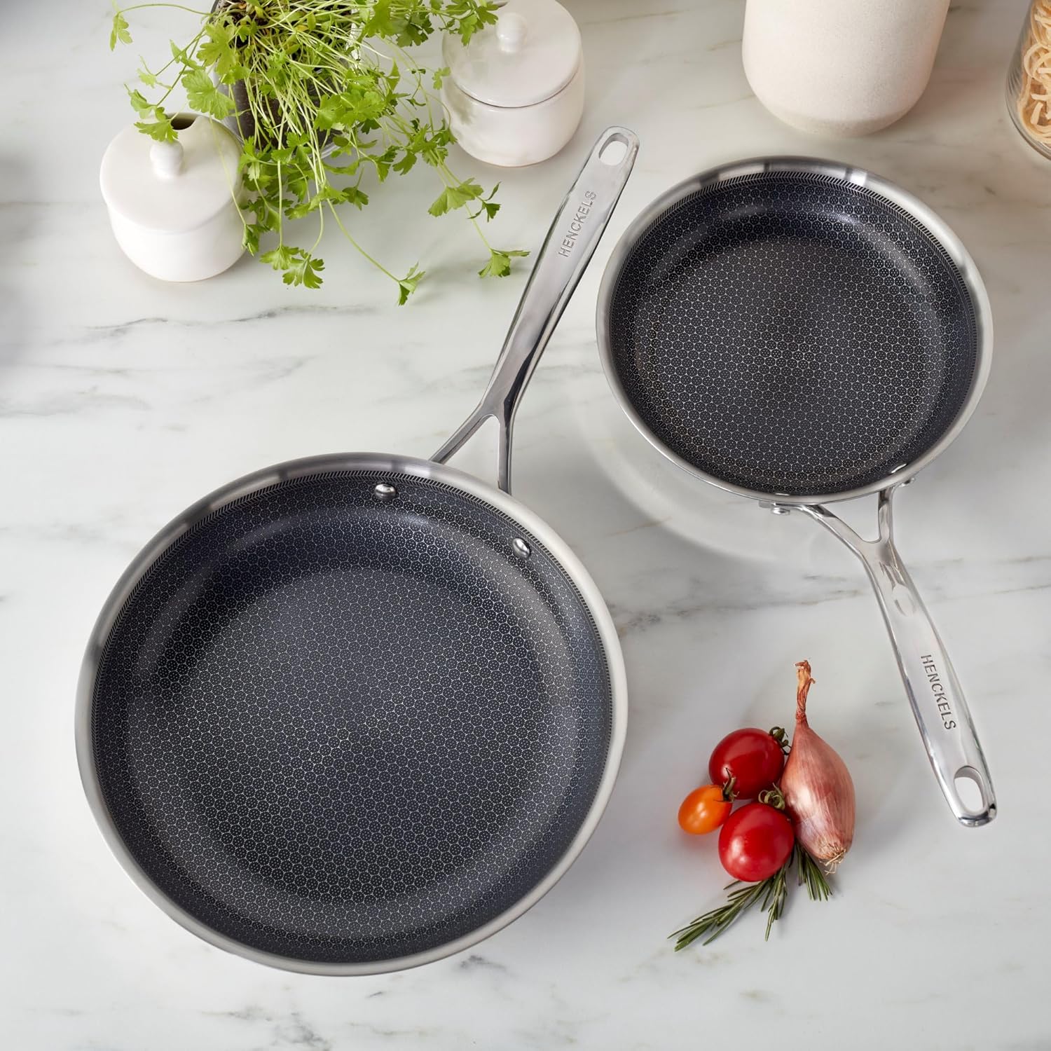 Henckels Paradigm Stainless 2pc Fry Pan Set, Tri-Ply Ceramic Nonstick Skillet, Non Toxic Induction Fry Pan, Egg Pan, Omelet Pan, Metal-Utensil & Dishwasher Safe