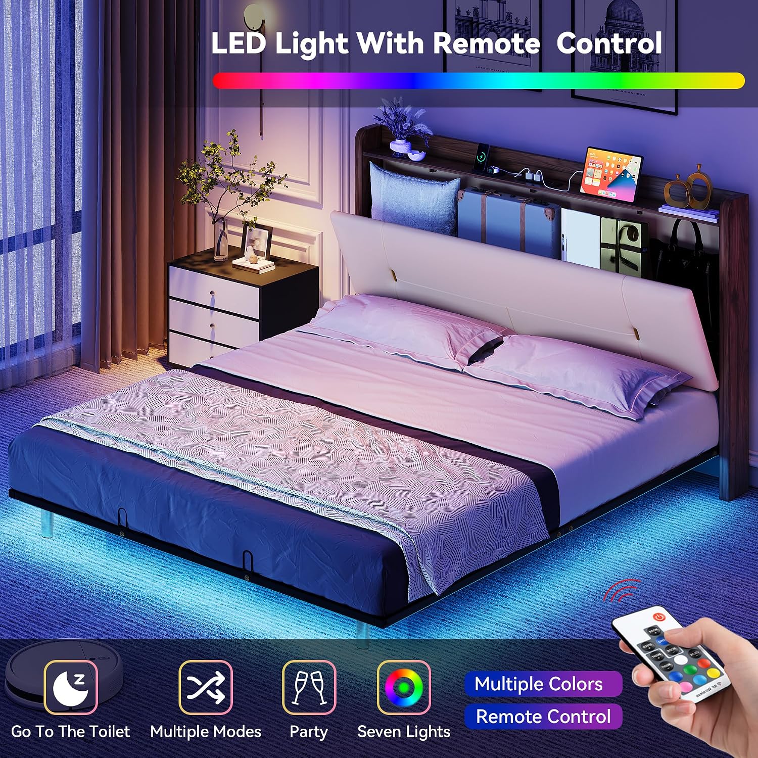 YITAHOME Queen Size Floating Bed Frame with Charging Station, PU Upholstered Platform Bed with 43.3'' Headboard, Hidden Storage, RGB LED Lights, No Box Spring Needed, Easy Assembly, Noise-Free, Beige