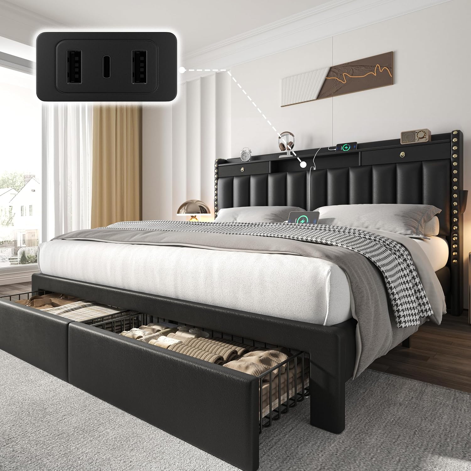 CypBed Queen Bed Frame with Headboard, Upholstered Platform Bed Frame Queen Size with 4 Storage Drawers, 3 USB & Type-C Charging Ports, Solid Wood Slats, No Box Spring Needed, No-Noise, Black,Gifts