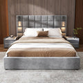 Christopher Knight Home Svens 46' High Headboard Bed, Queen Size Platform Bed Frame, Soft Velvet Bed Frame, Queen Size Headboard, Square Pattern Design with Reading Lamps and USB Ports, Grey