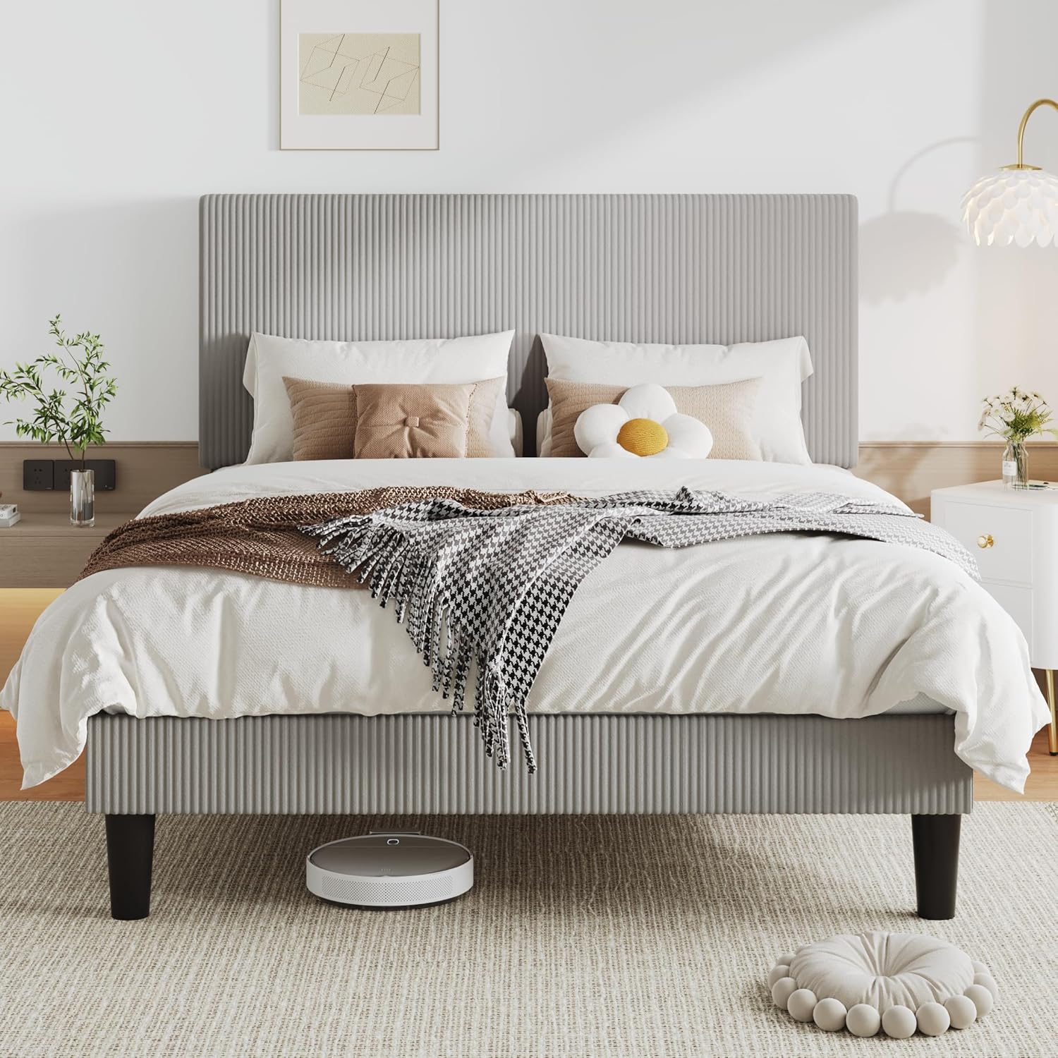 Allewie Full Size Upholstered Bed Frame with Vertical Channel Tufted Headboard, Soft Corduroy Fabric Platform Bed, Strong Wooden Slats Support, Easy Assembly, No Box Spring Needed, Light Grey
