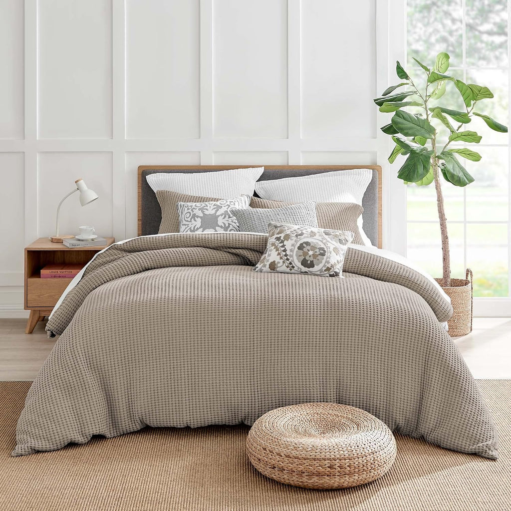 Levtex Home Mills Waffle Queen Duvet Cover Set (90x94in) with 2 Pillow Shams (26x20in) - Beige Fawn - 100% Cotton Queen Size Duvet Cover Set - Soft, Pre-Washed